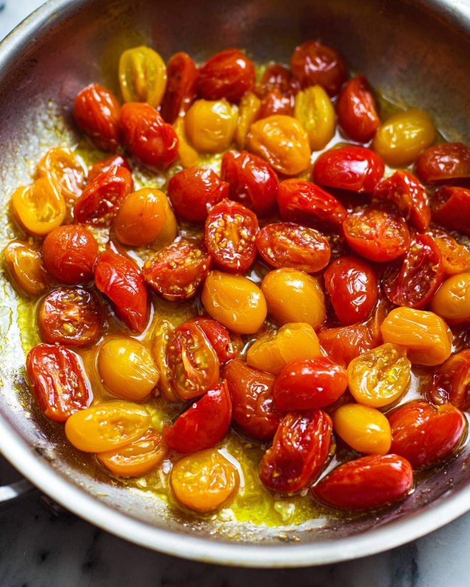 A close-up view of a silver pan filled with cooked small tomatoes in two colors: red and yellow. The tomatoes are halved and have a shiny, soft texture with some juices and oil mixed around them. The pan is shiny and metallic with smooth sides, reflecting light. The tomatoes are spread evenly in one layer inside the pan. The background is a white marbled texture. Photo taken with an iphone --ar 4:5 --v 7