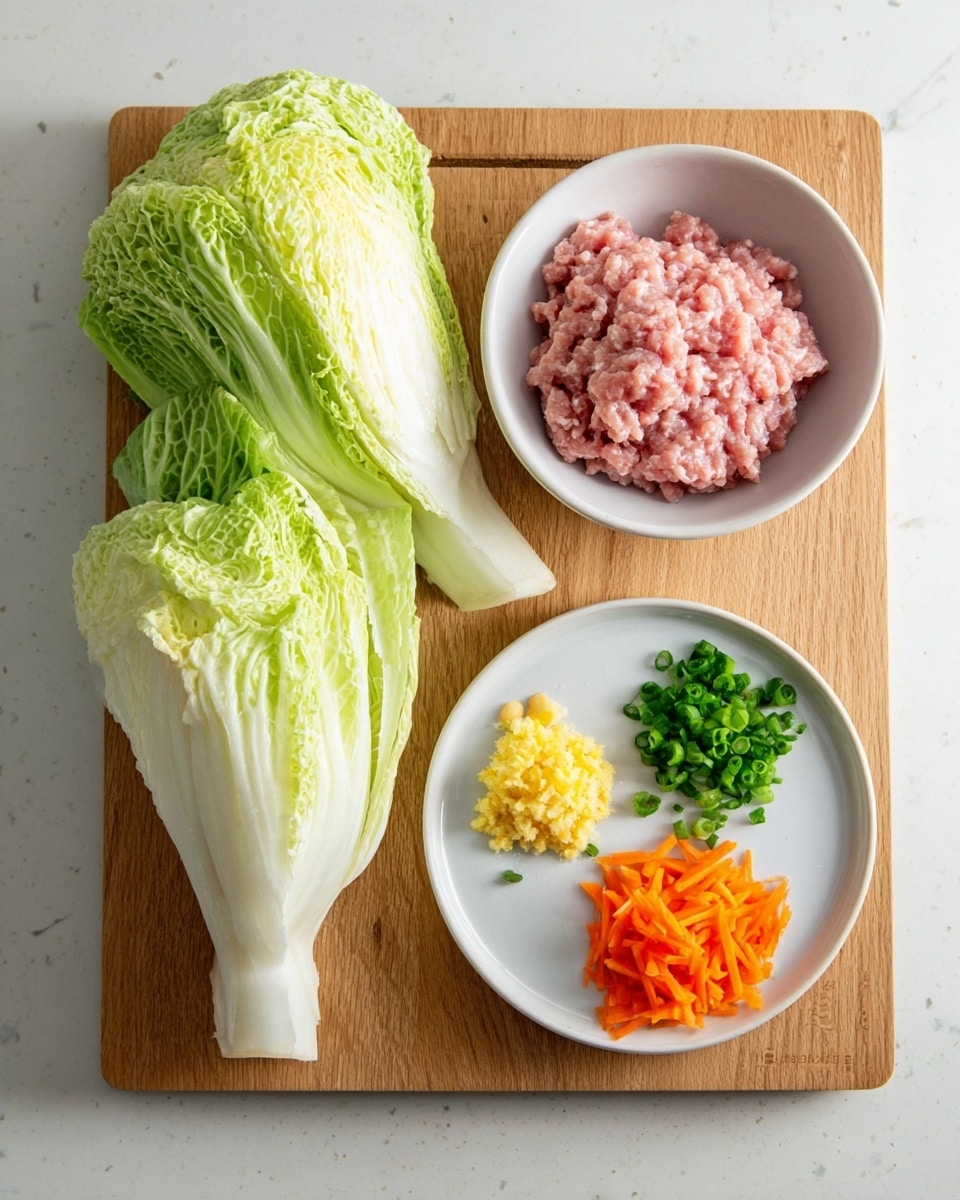 A wooden board on a white marbled surface holds fresh ingredients for cooking: a bunch of pale green and white leafy cabbage on the left, a white bowl with pink raw minced meat below, and a white round plate on the right with four small piles of chopped ingredients—fine yellow minced garlic at the top left, a small pale yellow chunk of ginger at the top center, bright orange chopped carrots below the ginger, and chopped green spring onions on the right side. Photo taken with an iphone --ar 4:5 --v 7