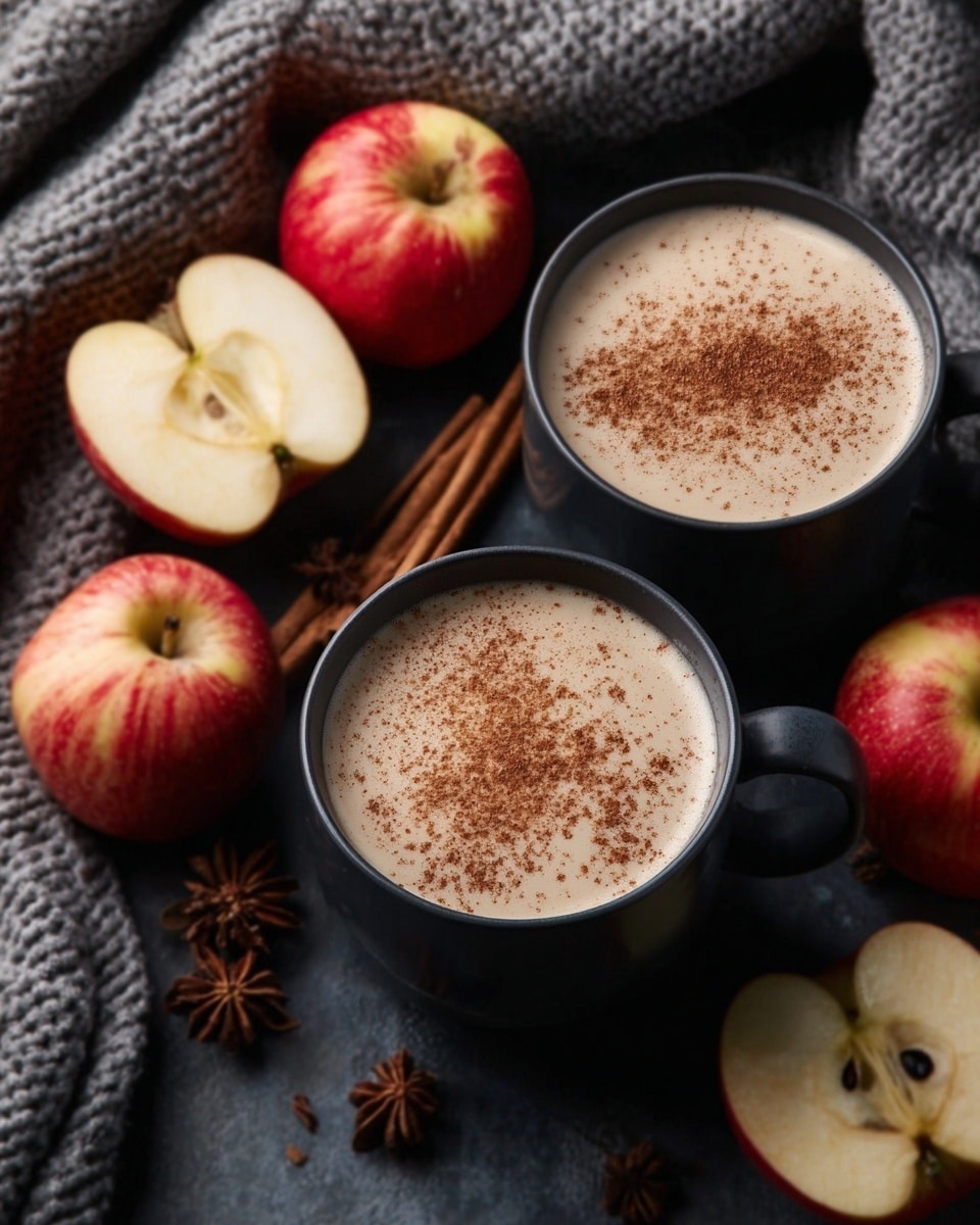 Two black mugs filled with creamy light beige drink topped with a sprinkle of cinnamon are placed on a dark surface. Around the mugs are several bright red apples with hints of yellow, one apple is sliced in half showing its pale yellow inside and black seeds. There are star anise and cinnamon sticks near the top, and a soft grey knit cloth is partially visible. The setting has a cozy, warm feel. Photo taken with an iphone --ar 4:5 --v 7