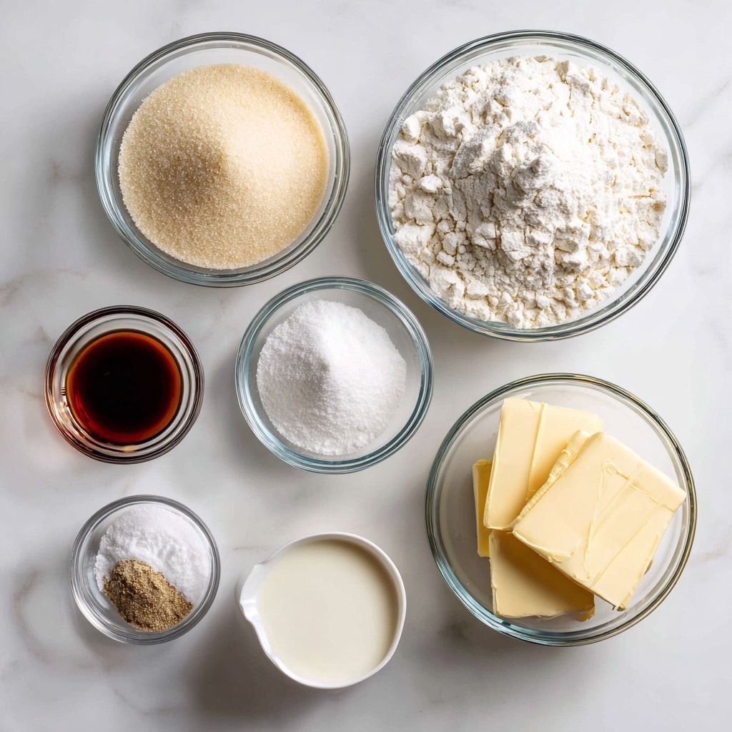 The image shows seven clear glass bowls with different baking ingredients placed neatly on a white marbled surface. The largest bowl at the top right is filled with white gluten-free flour blend with a slightly grainy texture. To its left, a medium bowl contains light beige sugar granules. Below the sugar, a small bowl holds dark brown vanilla extract with a smooth liquid texture. To the right of the vanilla, a small bowl contains a white powder labeled cornstarch or arrowroot starch. Below this, the bottom right medium bowl has two rectangular blocks of pale yellow vegan butter. Near the bottom left, a small bowl contains a mix of white baking powder and salt with a fine powdery texture. Finally, near the center bottom, a small bowl holds creamy off-white dairy-free milk. All items are clearly separated showing their colors and textures on the white marbled background. Photo taken with an iphone --ar 4:5 --v 7