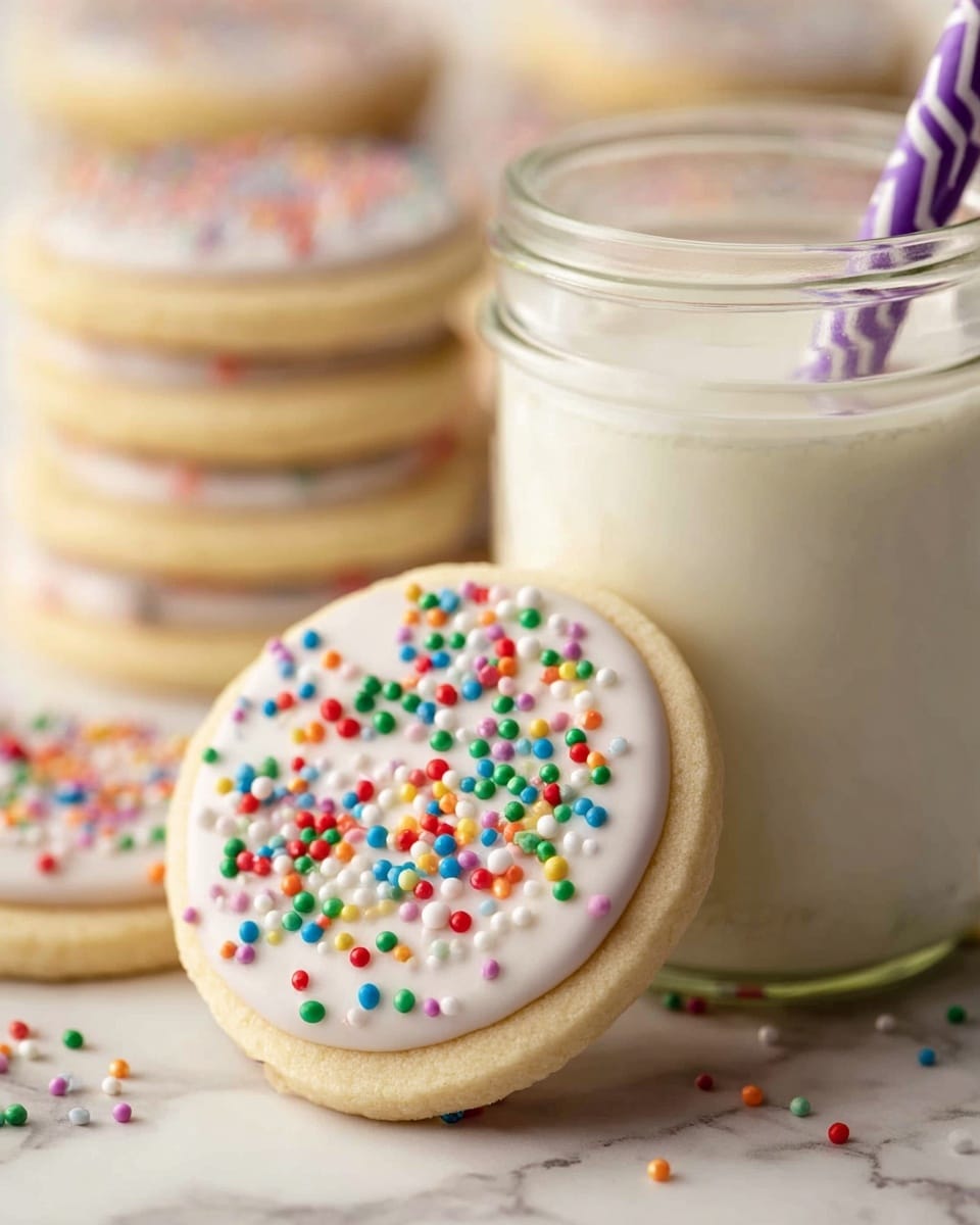 A close-up view of a stack of round sugar cookies with two layers: the bottom layer is a light beige cookie and the top layer is a smooth white icing. The icing is decorated with small, colorful round sprinkles in red, blue, green, yellow, white, orange, and purple scattered all over. One cookie leans against a clear jar filled with white milk, which has a purple and white striped straw in it. The cookies and jar rest on a white marbled surface with more stacked cookies in the background. Photo taken with an iphone --ar 4:5 --v 7