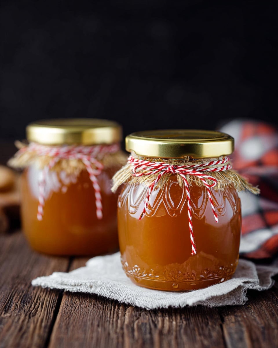 There are two small glass jars filled with light brown jam, each with a gold metal lid and tied with red and white string around the neck. The jars have a decorative embossed design on the glass. They are placed on a white cloth that lies on a dark wooden table, with a dark blurred background behind them. One jar is closer and in focus while the other is further back and slightly blurred. photo taken with an iphone --ar 4:5 --v 7