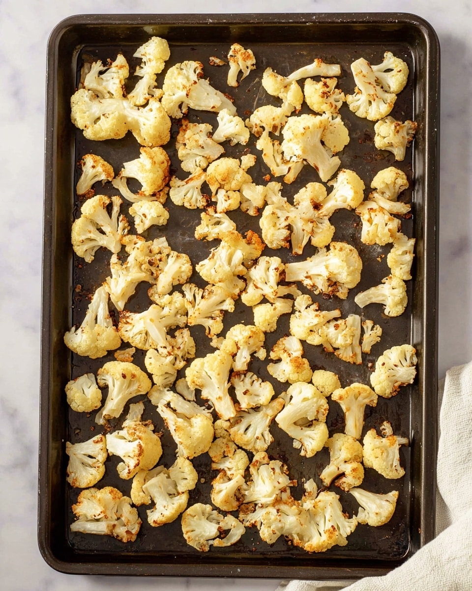 The image shows a dark baking tray filled with many small pieces of roasted cauliflower spread out evenly. Each cauliflower piece has a light golden color with slight brown edges, giving a roasted texture. The cauliflower pieces vary in size but are mostly flat and have a soft, cooked look. The tray is placed on a white marbled surface, and a corner of a white cloth is visible at the bottom right. Photo taken with an iphone --ar 4:5 --v 7