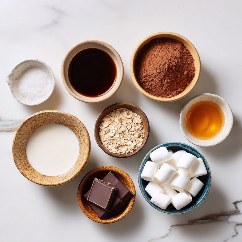 The image shows six small bowls arranged on a white marbled surface, each holding a different ingredient. In the top left, a large white speckled bowl contains a white liquid. To its right, a white bowl holds light brown powder. Below these, a small wooden bowl contains white salt, and next to it is a white bowl with a light brown liquid. Below these two, a white bowl contains a golden amber liquid with dark specks. Finally, in the bottom right, a white bowl is filled with broken dark chocolate pieces, with some pieces scattered on the surface nearby. photo taken with an iphone --ar 4:5 --v 7