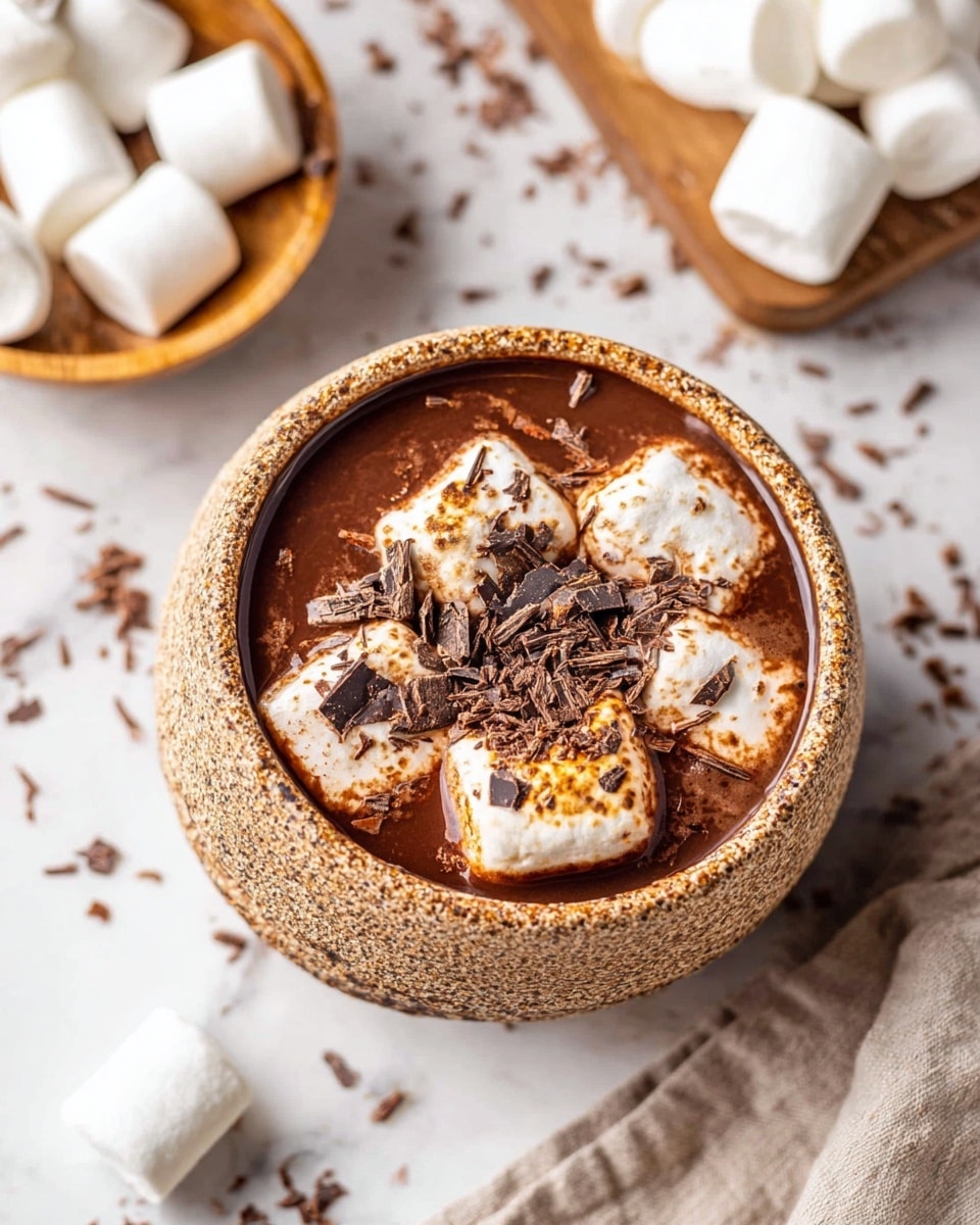 The image shows a rough-textured brown ceramic cup filled with hot chocolate, topped with a layer of white marshmallows, some toasted to a light brown, and scattered dark chocolate shavings. The marshmallows float on the rich, brown liquid, creating a soft contrast of colors and textures. The cup rests on a white marbled surface, with part of another similar cup slightly blurred in the background. photo taken with an iphone --ar 4:5 --v 7