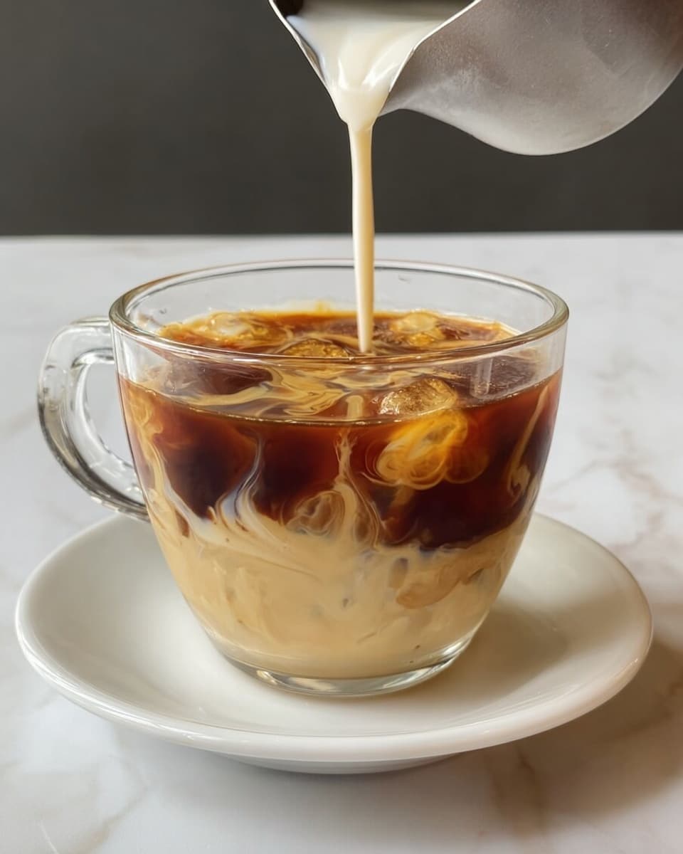 A clear glass cup filled with three visible layers of liquid: the bottom layer is light creamy beige, the middle layer is a swirling mix of dark brown coffee and cream, and the top layer is a thin dark brown coffee. Cream is being poured from a metal container into the cup, creating soft swirling patterns where it meets the coffee. The cup sits on a white saucer, placed on a white marbled surface. photo taken with an iphone --ar 4:5 --v 7