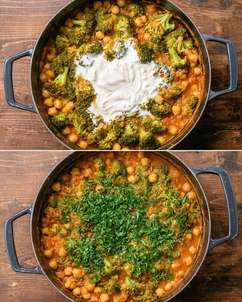 Two images show a thick stew cooked in a black pot with handles, placed on a wooden surface. The stew has three main layers: a base of orange sauce mixed with cooked chickpeas and green broccoli florets spread evenly. In the first image, a dollop of white cream sits in the center on top of the stew. In the second image, chopped fresh green herbs cover the stew evenly, replacing the cream. The broccoli pieces are small with a rough texture, and the chickpeas are round and soft. photo taken with an iphone --ar 4:5 --v 7