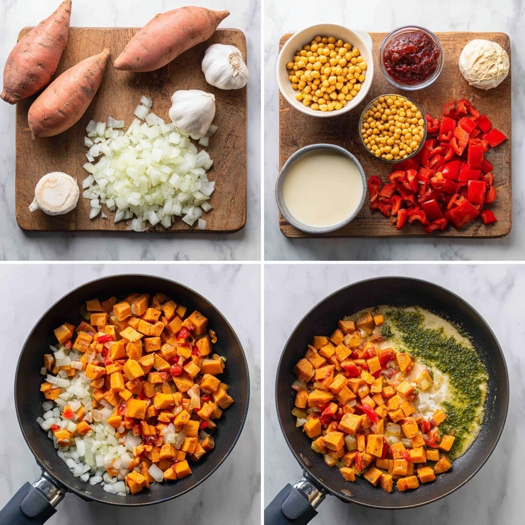 The image shows a close-up of a black pot filled with a creamy, orange-colored curry. Inside the curry, there are visible layers of cubed orange sweet potatoes, green spinach leaves, and small pieces of red tomato, all mixed in the thick sauce. A silver ladle is lifting a portion of the curry above the pot, showing the chunks of sweet potato, spinach, and tomato clearly coated in the orange sauce. The pot sits on a white marbled surface. photo taken with an iphone --ar 4:5 --v 7