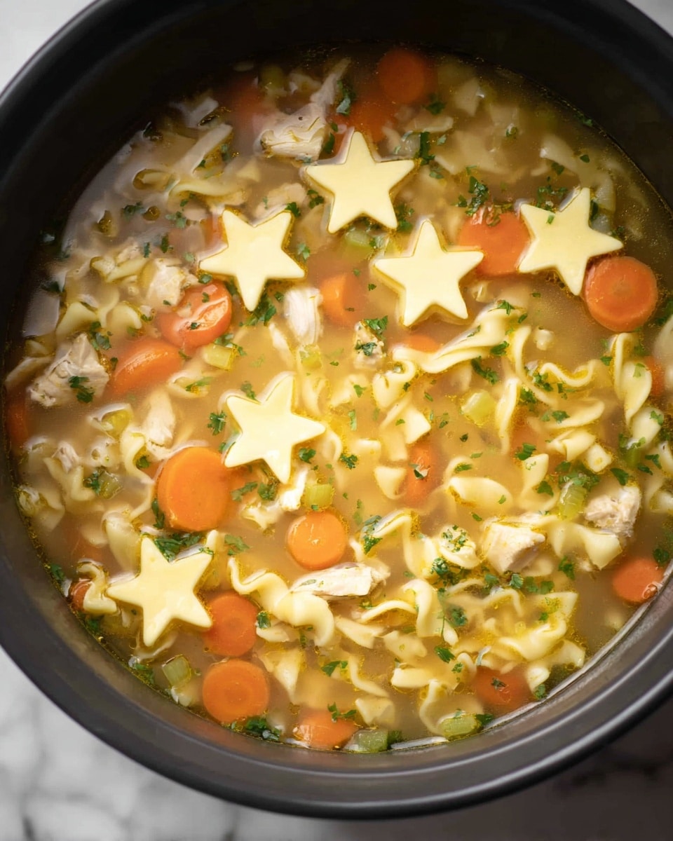 A warm soup with a clear golden broth fills a dark pot, showing colorful pieces of orange carrots, light green celery, and small white chunks of chicken. Floating on top are pale yellow noodle strips, some cut into fun star shapes, adding bright and playful details. Tiny green herb bits are sprinkled throughout, giving a fresh touch. The soup has a mix of smooth and chunky textures with the vegetables and noodles floating evenly. The background is a white marbled texture photo taken with an iphone --ar 4:5 --v 7