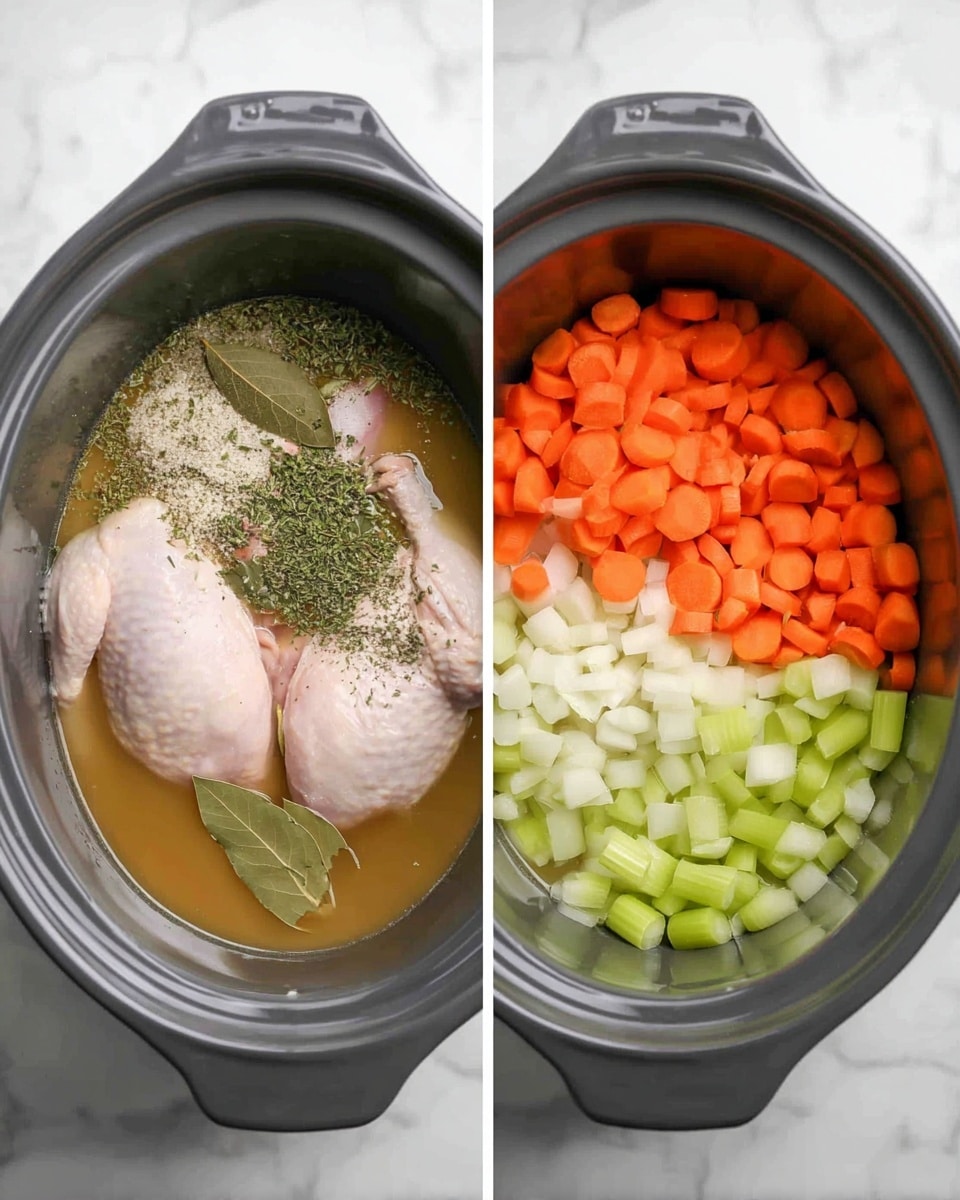 The image shows two views of a gray slow cooker filled with simple raw ingredients. In both views, the slow cooker holds two whole pale raw chicken pieces placed at the bottom. Around the chicken, there are three distinct sections of chopped vegetables: bright orange sliced carrots on the right, light green celery pieces at the top, and diced white onions on the left. On top of the chicken, there are scattered small piles of dried green herbs and white salt, along with two bay leaves resting on the chicken. In the second view, the same ingredients are covered with clear golden broth, though the vegetable and seasoning colors remain visible through the liquid. The slow cooker sits on a white marbled surface. Photo taken with an iphone --ar 4:5 --v 7