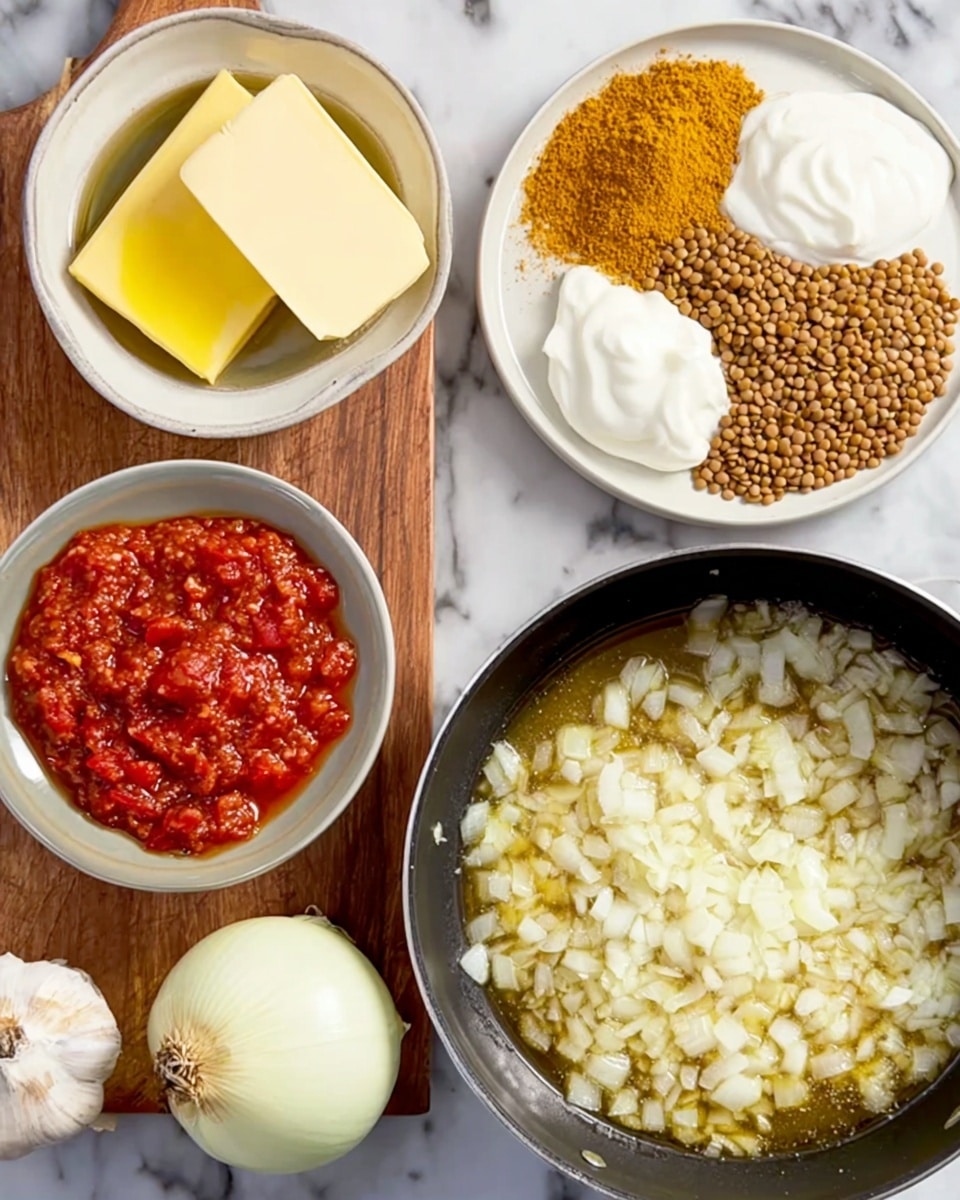 The first part of the image shows several white bowls and a white plate resting on a wooden board. The bowls contain yellow and brown powders, a block of butter, white cream, and red crushed tomatoes, while the plate holds cooked lentils, with two onions and a garlic bulb beside them. The second part shows a black pan on a white marbled surface, filled with melted butter and chopped white onions simmering inside. The butter is foamy around the edges, and the onions cover the pan evenly. Photo taken with an iphone --ar 4:5 --v 7