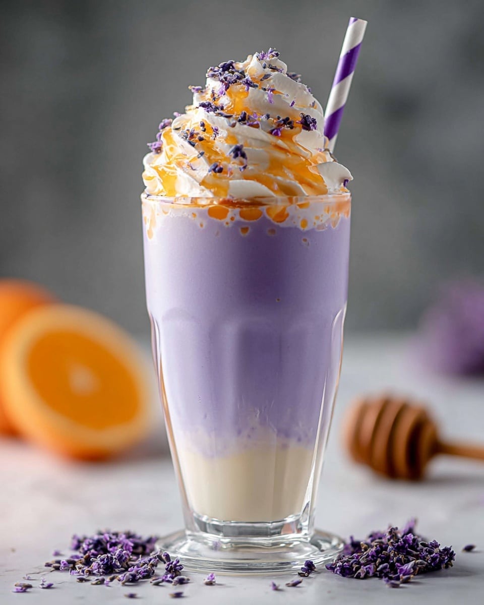 A tall clear glass holds a three-layer drink on a white marbled surface. The bottom layer is thick and smooth, colored light purple with a creamy texture. Above that is a white layer mixed softly with small swirls of orange pieces that look juicy and fresh. On top sits a high mound of soft white whipped cream, sprinkled generously with small purple flower petals. A thin orange slice rests on the rim of the glass, and a purple and white striped paper straw stands inside the drink. Around the base of the glass, more small purple flower petals are scattered, adding a decorative touch. In the background, a half orange and a wooden honey dipper lie out of focus. Photo taken with an iphone --ar 4:5 --v 7
