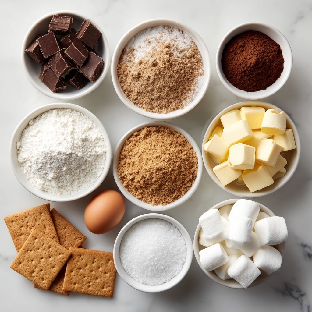 The image shows various baking ingredients placed neatly on a white marbled surface. There are nine white bowls of different shapes and sizes arranged in a loose circle, each filled with distinct ingredients: dark brown chunks of chocolate, fine dark brown cocoa powder, light brown soft brown sugar, bright white sugar, off-white flour, light yellow cubed butter, and large white marshmallows. Two small bowls hold white salt and white baking powder powders. Outside the bowls, there is a single brown egg and a few square light brown graham crackers resting on the surface. The colors and textures range from powdery and granular to solid and smooth, all displayed clearly from a directly overhead view. Photo taken with an iphone --ar 4:5 --v 7