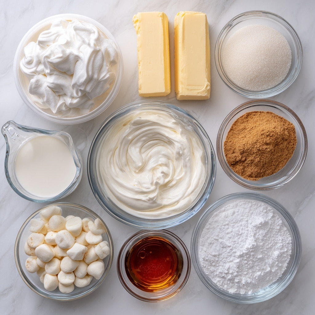 The image shows a white marbled surface with nine ingredients arranged neatly in clear glass bowls and a white container. At the top left, there is a white plastic container open to show fluffy white marshmallow cream. To its right, two sticks of pale yellow butter sit side by side. Below the marshmallow cream, a clear glass measuring cup holds heavy cream, smooth and white in color. Next to it, a large clear round glass bowl is filled with fine white granulated sugar. To the right of that, a small glass bowl contains light brown cinnamon sugar. At the bottom left, a clear glass bowl holds many small white chocolate morsels. To the right, a smaller bowl shows white powdered sugar with a soft, powdery texture. Near the center bottom, a small glass cup contains dark amber maple syrup. Finally, a very small glass bowl at the bottom right contains white salt crystals. Each ingredient is labeled clearly with black text on white backgrounds. The photo taken with an iphone --ar 4:5 --v 7