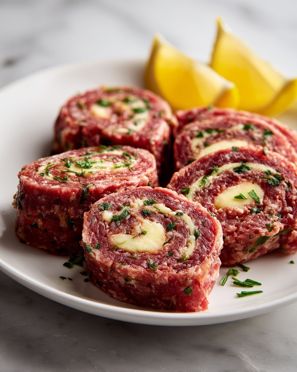 The image shows four smaller pictures demonstrating the making of spiral meat rolls. The first small picture shows a woman's hand slicing rolled layers of raw red meat, green leafy herbs, and what looks like cheese or garlic on a white marbled surface. The second picture shows several raw spiral rolls placed close together, clearly showing layers of red meat, white cheese or garlic, and green herbs. The third shows the rolls tied with string and cooking in a black pan, their raw colors slightly darker and shiny from cooking. The last picture shows two cooked spiral meat rolls on a white plate alongside fresh green salad, purple cabbage, and two lemon halves, with a knife resting on the plate, the cooked rolls having a brown, crispy texture on top. photo taken with an iphone --ar 4:5 --v 7