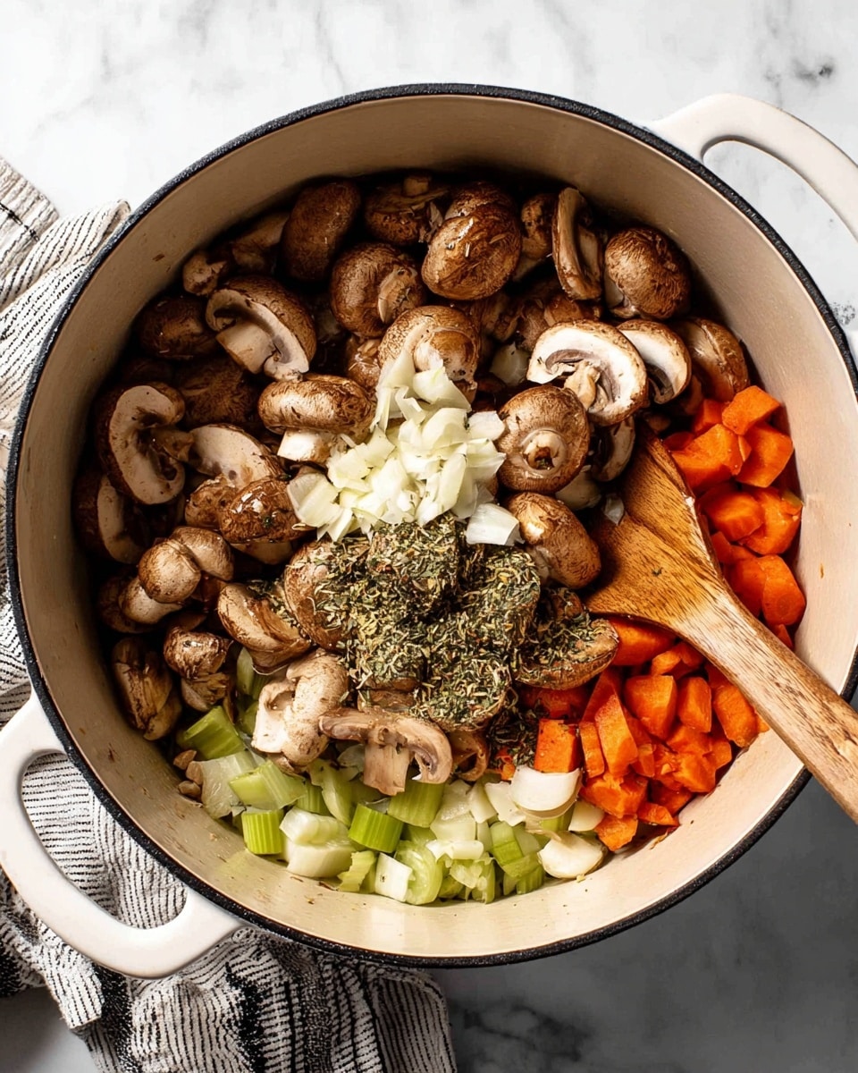 A large white pot holds layers of cooking ingredients, starting with a bottom layer of chopped orange carrots and light green celery pieces. Above this is a thick pile of whole and halved brown mushrooms with a slightly rough texture. On top of the mushrooms is a small heap of thin, sliced white garlic and a sprinkle of dried green herbs. A wooden spoon rests on the right side inside the pot. The pot sits on a white marbled surface with a folded black and white striped cloth nearby. photo taken with an iphone --ar 4:5 --v 7