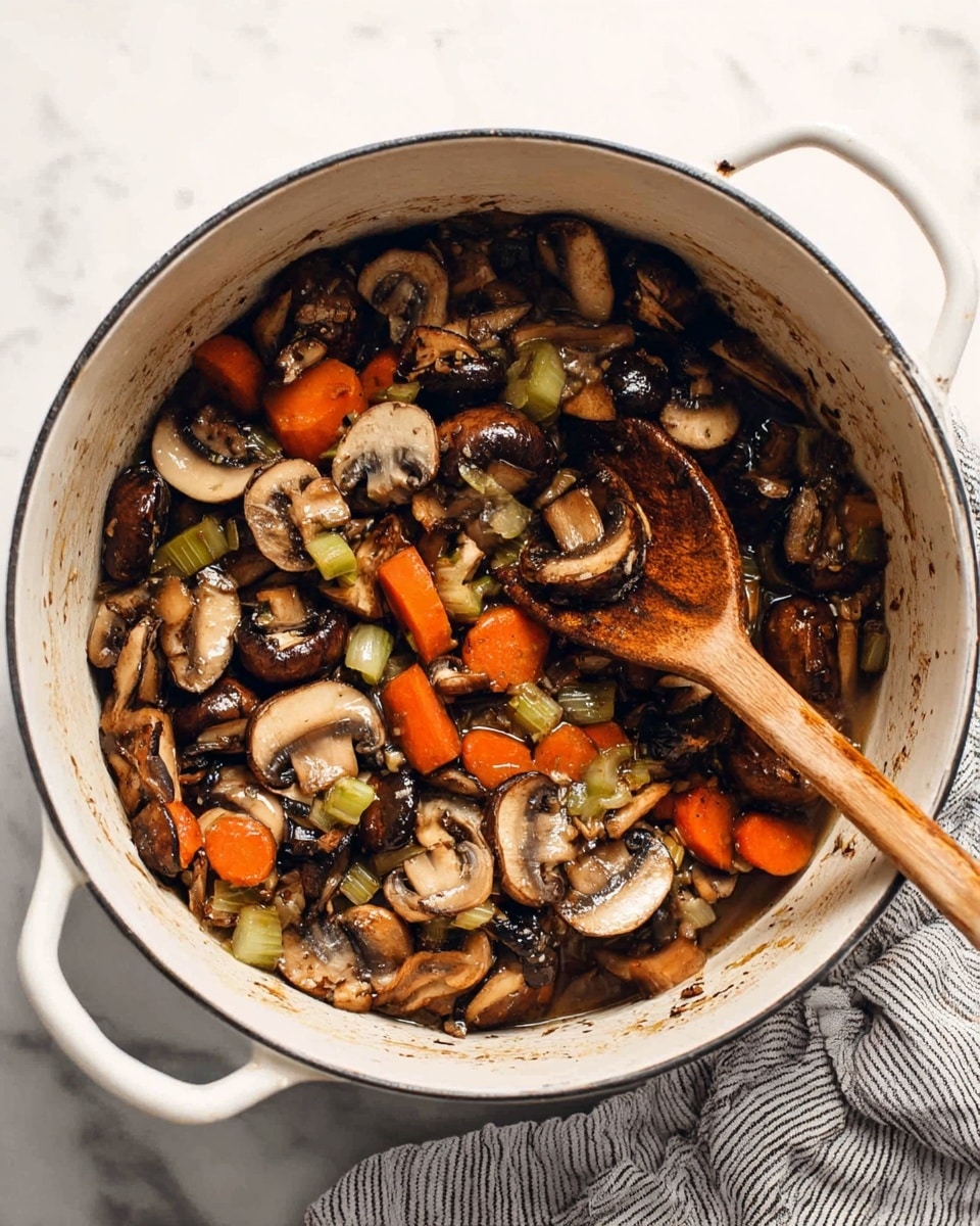 In a large white pot with two handles, there is a mix of cooked mushrooms, sliced and whole, in dark brown and light tan shades, mixed with sliced orange carrots and small pieces of light green celery. The mushrooms have a shiny, slightly oily surface, and the vegetables are soft but keep their shape. A long, worn wooden spoon rests inside the pot, with some mushrooms and vegetables on it. The pot is placed on a white marbled surface, and a crumpled striped cloth is on the right side of the pot. photo taken with an iphone --ar 4:5 --v 7