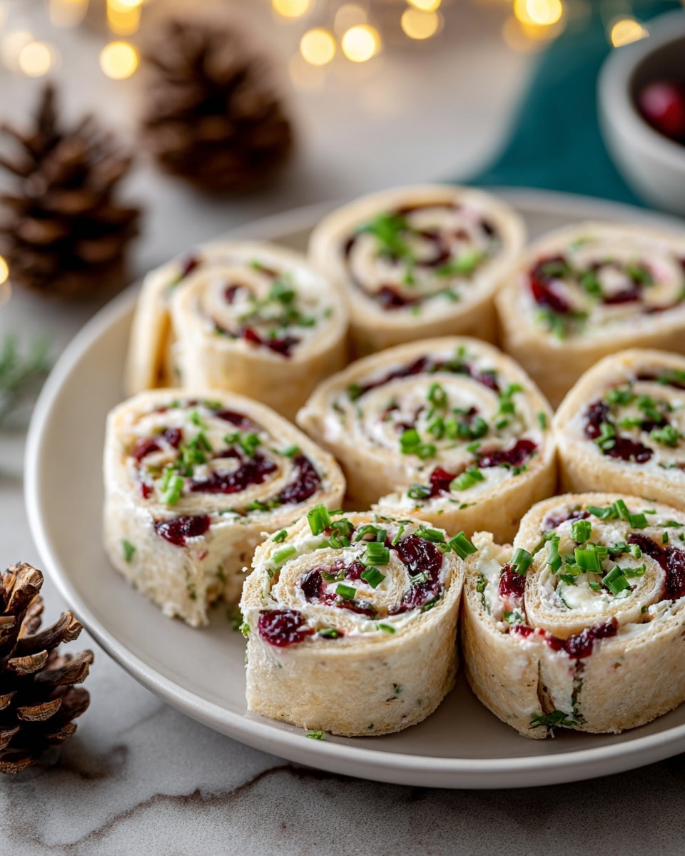 The image shows a white plate with several pinwheel sandwiches arranged closely together. Each pinwheel has three visible layers: an outer light beige tortilla, a creamy white layer of cheese or spread, and a layer of dark red cranberries or similar fruit, all sprinkled with small green herb pieces and chopped green onions on top. The plate is placed on a white marbled surface, and there are small brown pine cones to the side, with soft warm yellow lights blurred in the background. Photo taken with an iphone --ar 4:5 --v 7