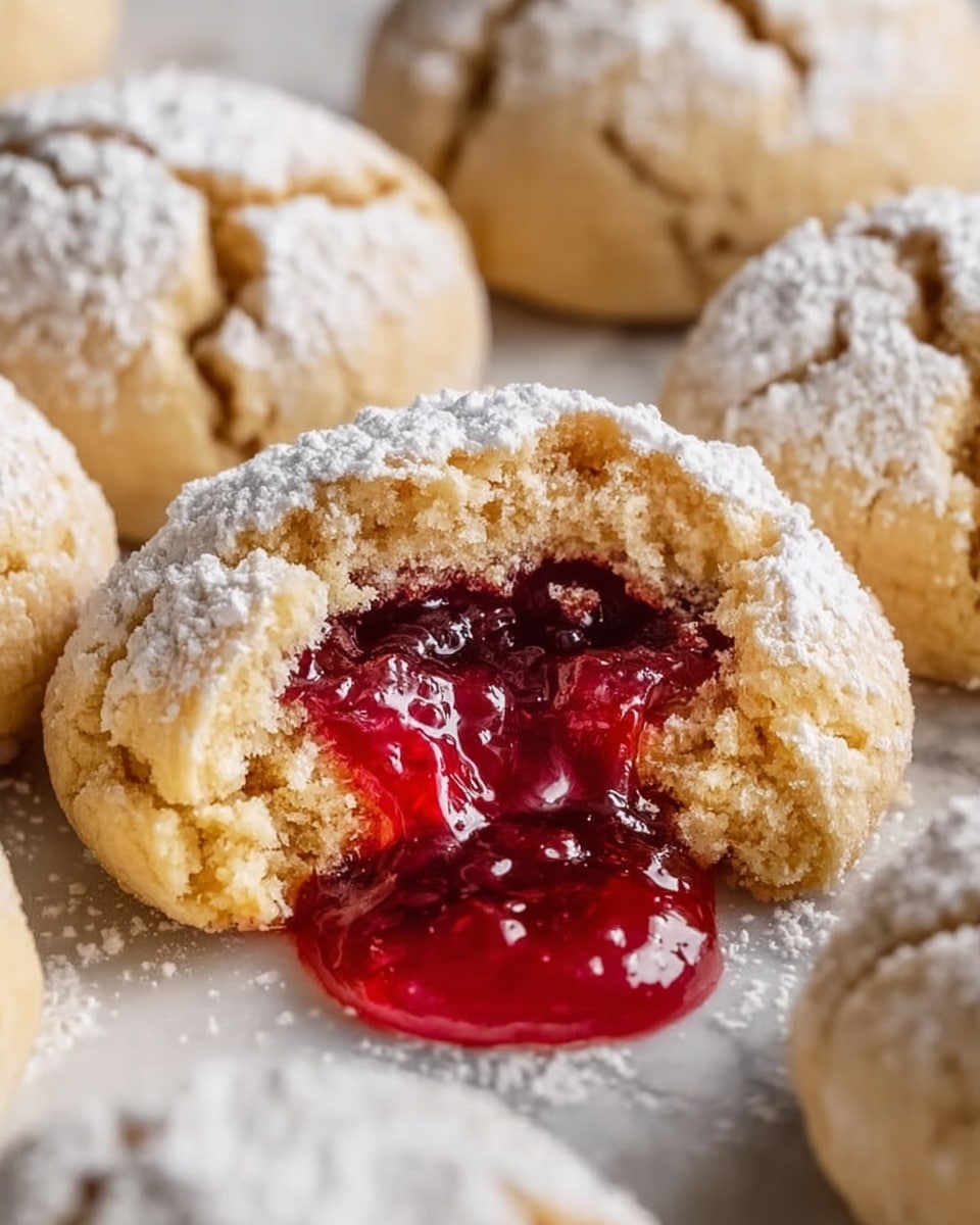 A white plate holds a pile of round cookies dusted with powdered sugar, each cookie showing light cracks on the surface. In the center, one cookie is split open to reveal a bright red berry jam filling inside a soft, pale yellow dough layer. Around the plate are fresh red raspberries with detailed texture. The background is softly blurred warm lights and subtle festive lights, all set on a white marbled surface. photo taken with an iphone --ar 4:5 --v 7