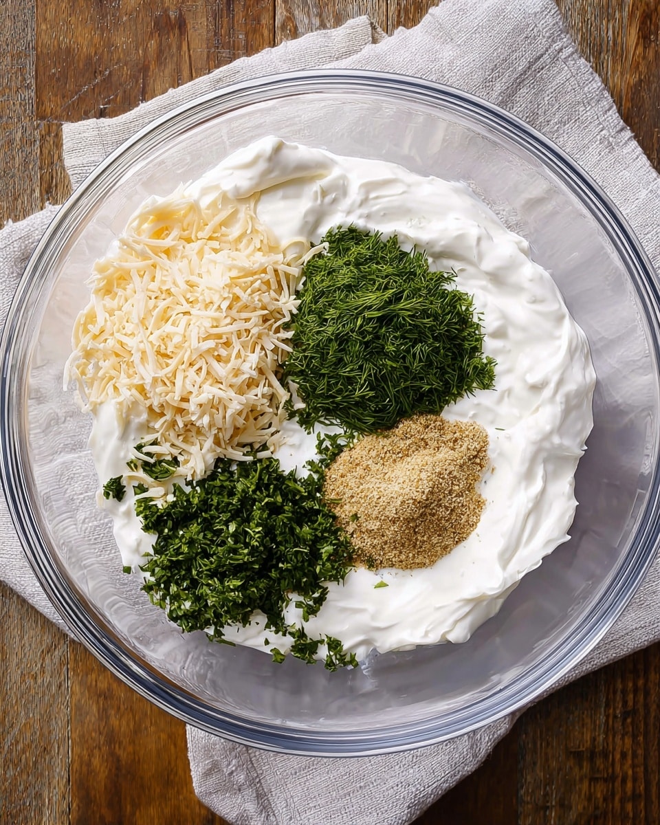 In a clear glass bowl placed on a white marbled surface, there are four main layers clearly visible. The base layer is thick, creamy white sour cream that takes up most of the bowl. On top of this, there are three separate piles of ingredients: to the left is a light tan flaky shredded cheese, at the top center is a bright, finely chopped green dill, and at the bottom left is a similar finely chopped dark green herb, likely parsley. On the right side rests a small mound of light brown, sandy-textured seasoning powder. The bowl is set on a folded light cloth napkin, and wooden floorboards are partially visible around the surface. photo taken with an iphone --ar 4:5 --v 7