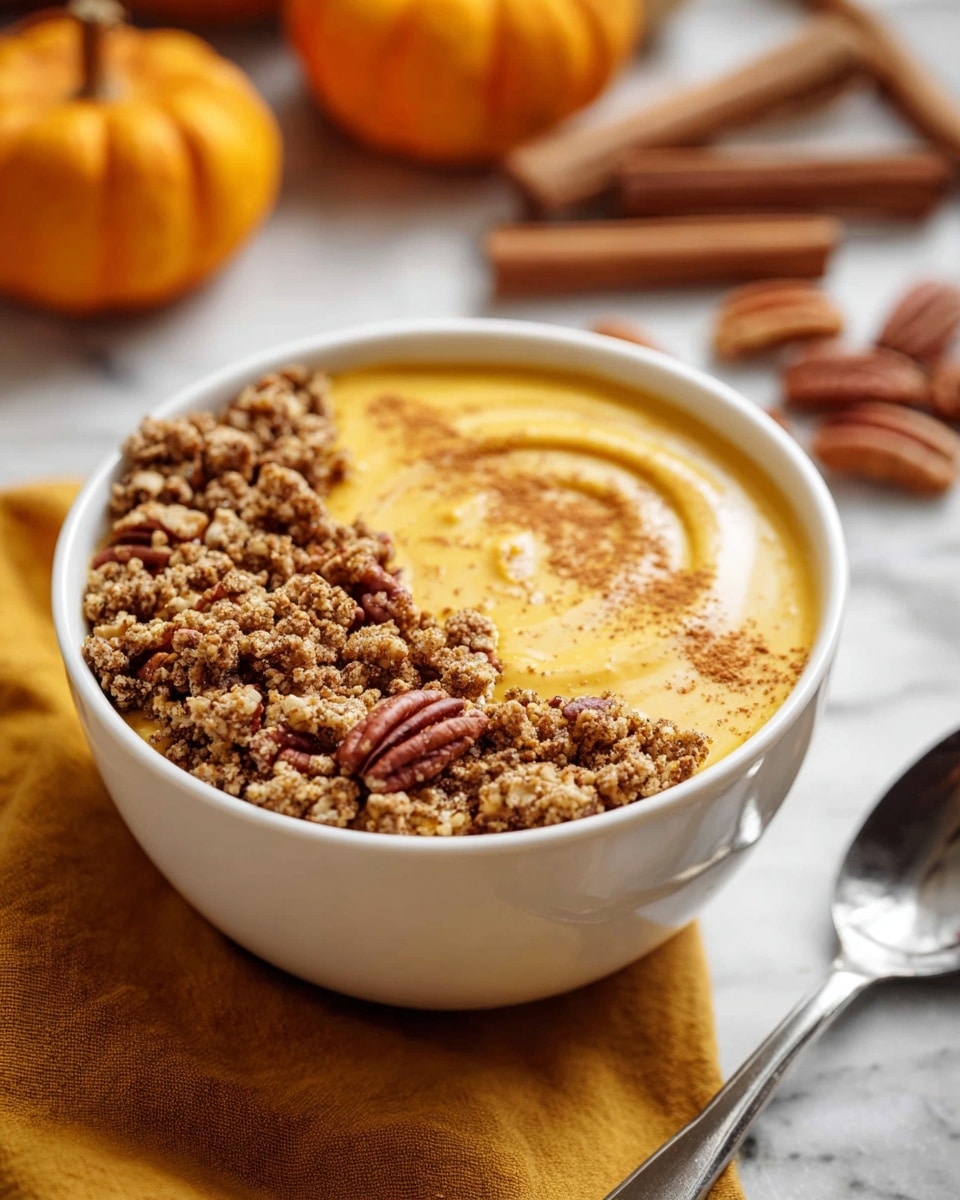 This image shows a white bowl filled with a smooth, creamy yellow base that covers the whole bowl. On the surface, there is a diagonal line made up of crumbled brown topping and chopped pecans, creating a textured strip from one side to the other. The yellow base has a light dusting of fine brown powder spread evenly around the rest of the bowl. The bowl is set on a white marbled textured surface with a mustard yellow cloth partially visible in the background. photo taken with an iphone --ar 4:5 --v 7
