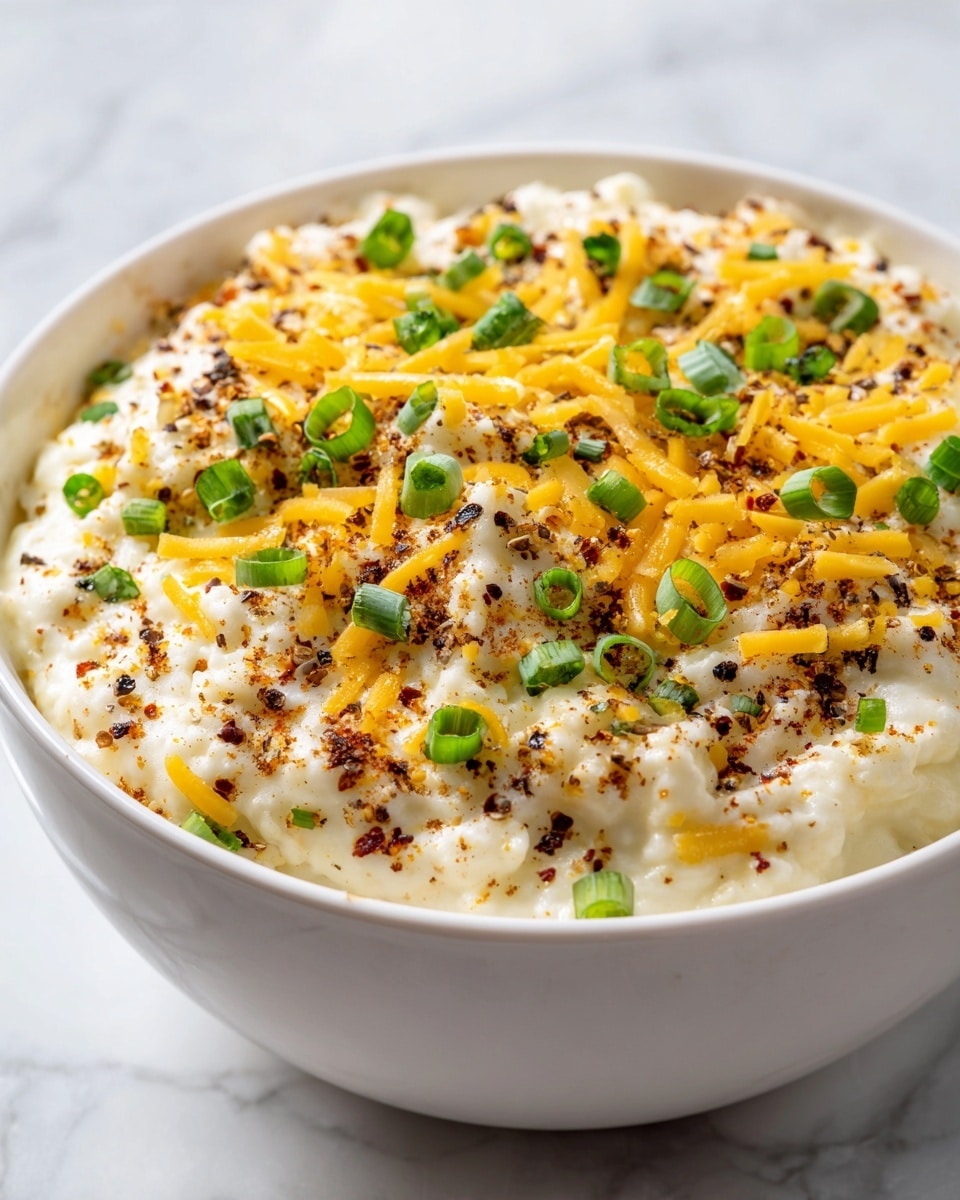 A close-up view of a white bowl filled with a creamy white mixture that has a lumpy texture. On top, there is a sprinkling of bright yellow shredded cheese and small pieces of chopped green onions scattered evenly. The surface is dusted lightly with finely ground dark spices, giving small brown and black specks throughout. The background shows a soft white marbled surface, emphasizing the colors and texture of the dish. Photo taken with an iphone --ar 4:5 --v 7