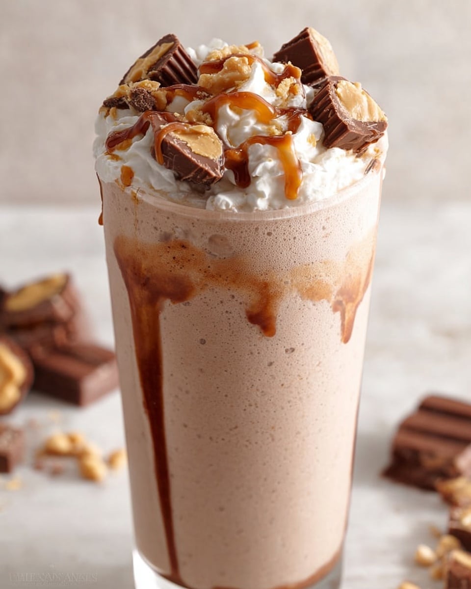 A tall clear glass is filled with a creamy, light brown milkshake that is thick and slightly frothy. On top of the milkshake is a layer of whipped cream popping out unevenly, with a drizzle of caramel and chocolate syrup flowing across it. Scattered on top are chunks of a milk chocolate candy bar with a peanut butter filling, adding texture and color contrast. The background and surface have a white marbled texture. Photo taken with an iphone --ar 4:5 --v 7