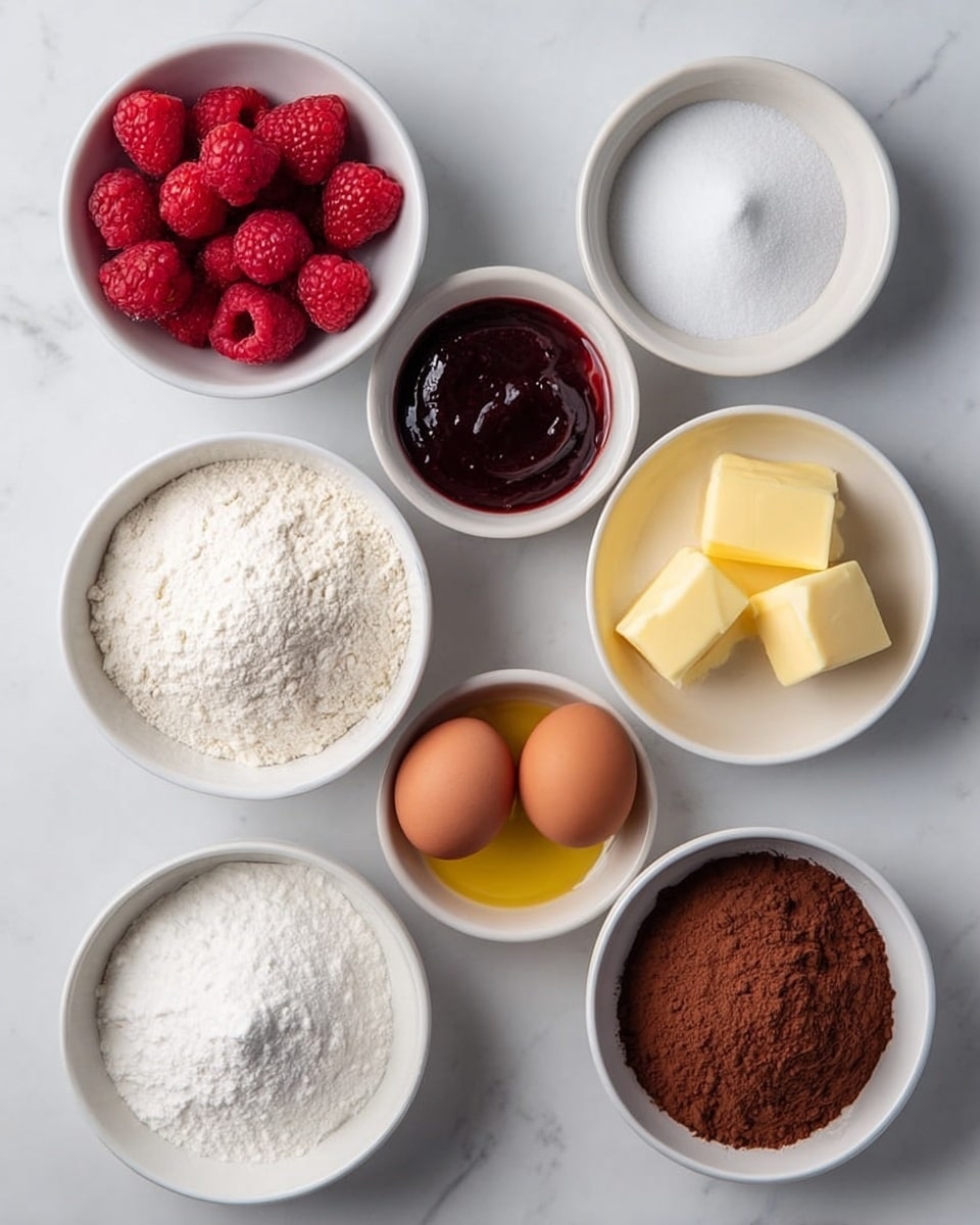 Nine white bowls with various ingredients are placed neatly on a white marbled surface in three rows. The top row has fresh red raspberries in the left bowl, dark red jam in the middle bowl, fine white sugar in the right bowl, and two blocks of yellow butter in a fourth bowl to the far right. The middle row features a bowl with white flour on the left and a small bowl with yellow liquid honey to its right. Next to honey, two brown eggs lay directly on the surface. The bottom row has a small white bowl of white baking powder on the left and a white bowl with brown cocoa powder on the right. Photo taken with an iphone --ar 4:5 --v 7