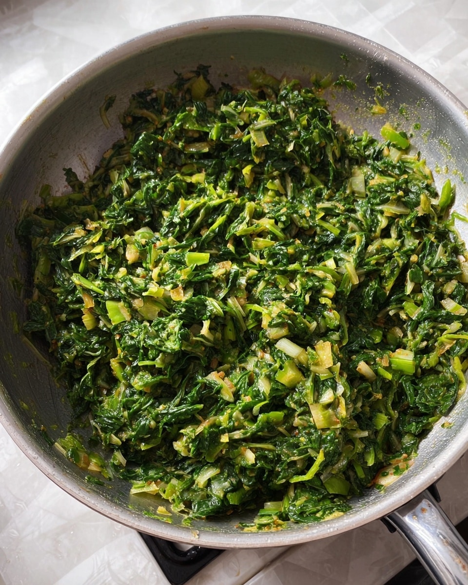 The image shows a stainless steel pan filled with cooked green leafy vegetables mixed with small pieces of light green and yellow ingredients. The dish looks soft and finely chopped with bits of stems and leaves mixed together, creating a slightly chunky texture. The mixture has an overall rich green color with lighter spots from the other ingredients. The pan is resting on a stove with a white marbled surface beneath it. photo taken with an iphone --ar 4:5 --v 7