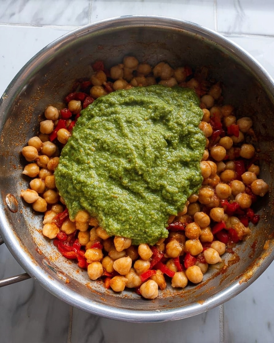 The image shows a metal pan filled with three main layers. The bottom layer is a mixture of cooked chickpeas and small red bell pepper pieces, creating a round, light brown and red base with a soft texture. On top of the chickpeas, there is a thick, slightly chunky layer of bright green sauce, placed mostly in the center and spreading unevenly. The pan is slightly worn, and the background has a white marbled texture. photo taken with an iphone --ar 4:5 --v 7