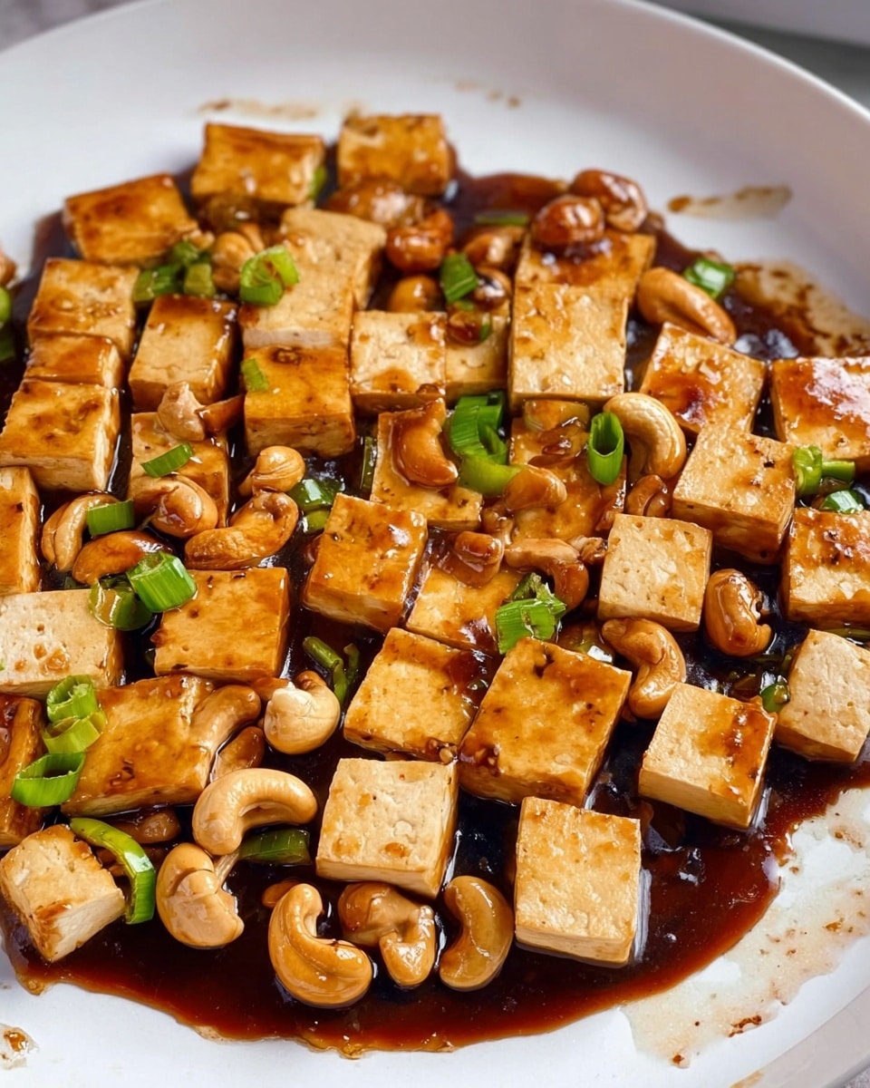 A white plate filled with many rectangular light brown tofu pieces evenly mixed with whole cashew nuts in a thick, dark brown sauce. Small green spring onion pieces are scattered throughout, adding pops of fresh green color. The tofu and cashews are glossy with sauce, creating a shiny surface that covers the lower half of the plate. The white marbled texture is visible around the edges of the plate. Photo taken with an iphone --ar 4:5 --v 7