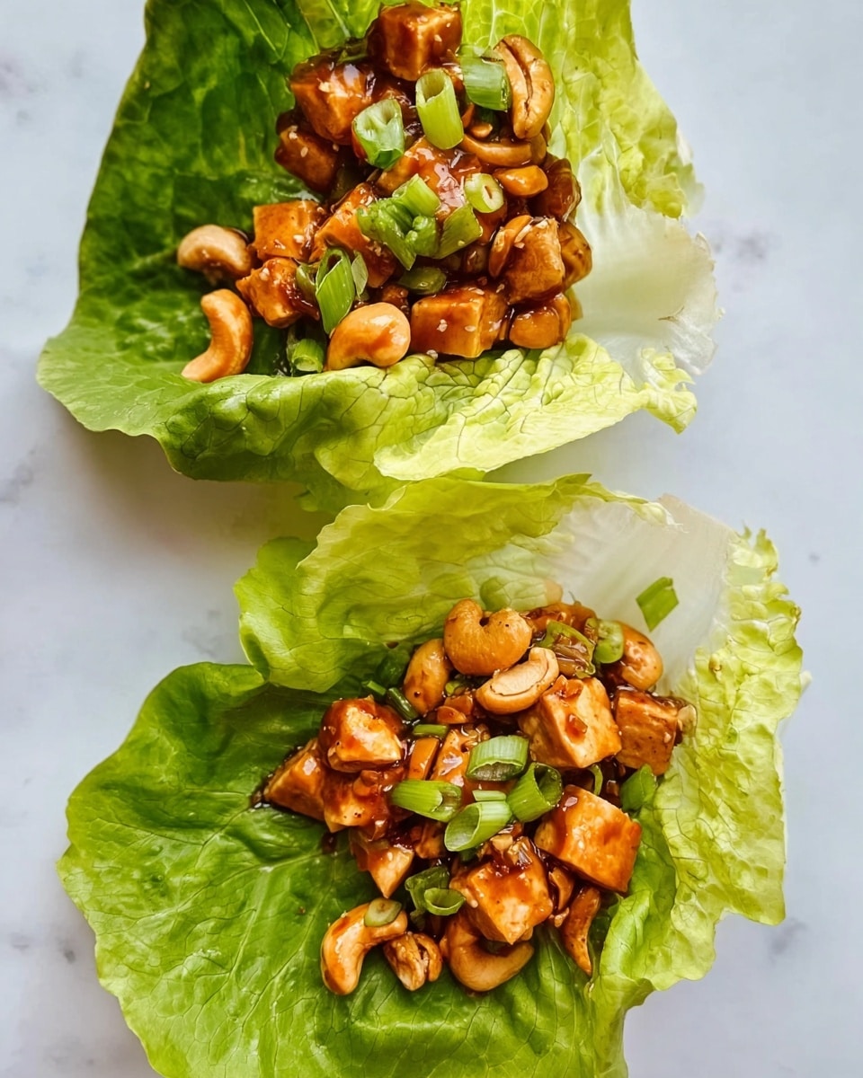 Two bright green lettuce leaves lie open on a white marbled surface, each acting like a small cup holding a mix of shiny, sauce-coated chunks of tofu and cashew nuts. The tofu pieces are golden brown with a smooth texture, and the cashews are lightly roasted, round, and glossy. Small slices of fresh green onions are scattered on top, adding a pop of bright green color. The lettuce leaves are crisp with visible veins and a slightly ruffled edge. photo taken with an iphone --ar 4:5 --v 7