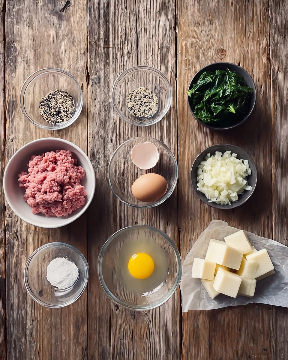 The image shows a flat layout of cooking ingredients on a wooden surface, including eight bowls and one egg. Starting from the bottom left, there is a round white bowl filled with pink ground meat. Above it, a small clear glass bowl contains a mix of black and white seeds. Next to it, a tiny white bowl has a white powder and black seeds mix. In the center, an empty eggshell sits beside a clear bowl with one cracked raw egg, showing a bright yellow yolk and clear egg white. Above that, two small dark bowls hold leafy greens and grated white cheese. On the right side, a small white bowl contains chopped white onions, and a piece of parchment paper holds creamy white rectangular cheese cubes. All items are arranged neatly evenly spaced in rows on a rustic wooden surface. photo taken with an iphone --ar 4:5 --v 7