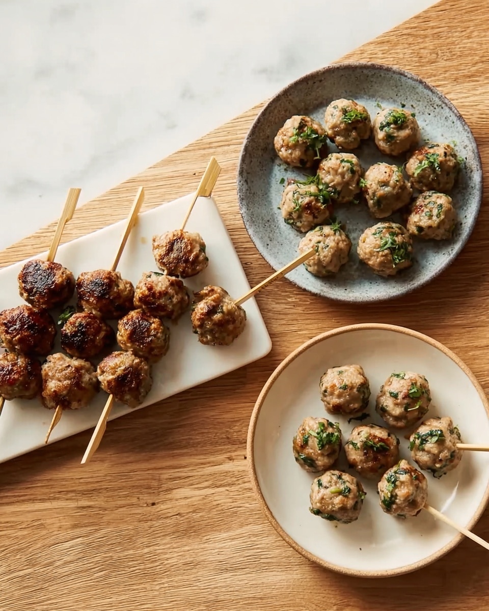 Three plates of meatball skewers are shown on a white marbled surface. The first plate is a long white wooden tray holding two skewers, each with six browned meatballs that have a slightly crispy texture and some green herb garnish. The second plate is a round white ceramic dish with a grayish tint and holds nine lighter-colored meatballs mixed with green herbs, each on a small wooden skewer. The third plate, a round white ceramic one with a light brown rim, contains eight similar lighter-colored meatballs with herbs also on small wooden skewers. The meatballs have a soft, slightly shiny look with flecks of green. photo taken with an iphone --ar 4:5 --v 7