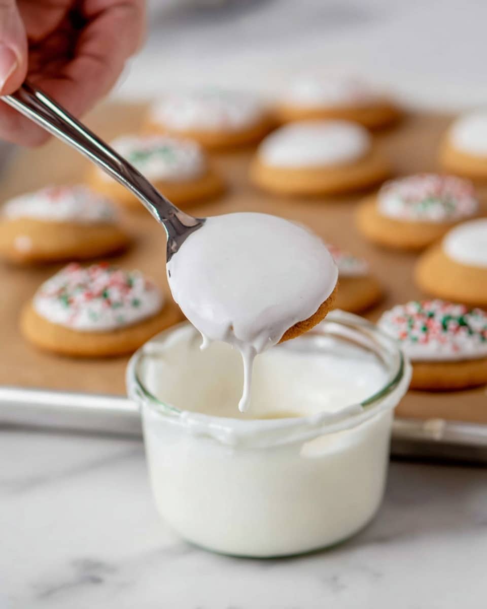 The image shows a close-up of a woman's hand holding a spoon with a round cookie dipped in thick, smooth white icing. The cookie is coated evenly and dripping slightly from the glossy icing. In the background, there is a white tray lined with parchment paper, holding several undecorated light golden-brown cookies and a few dipped cookies sprinkled with small red, green, and black tiny decorations. The scene rests on a white marbled surface, creating a clean and bright setting. photo taken with an iphone --ar 4:5 --v 7