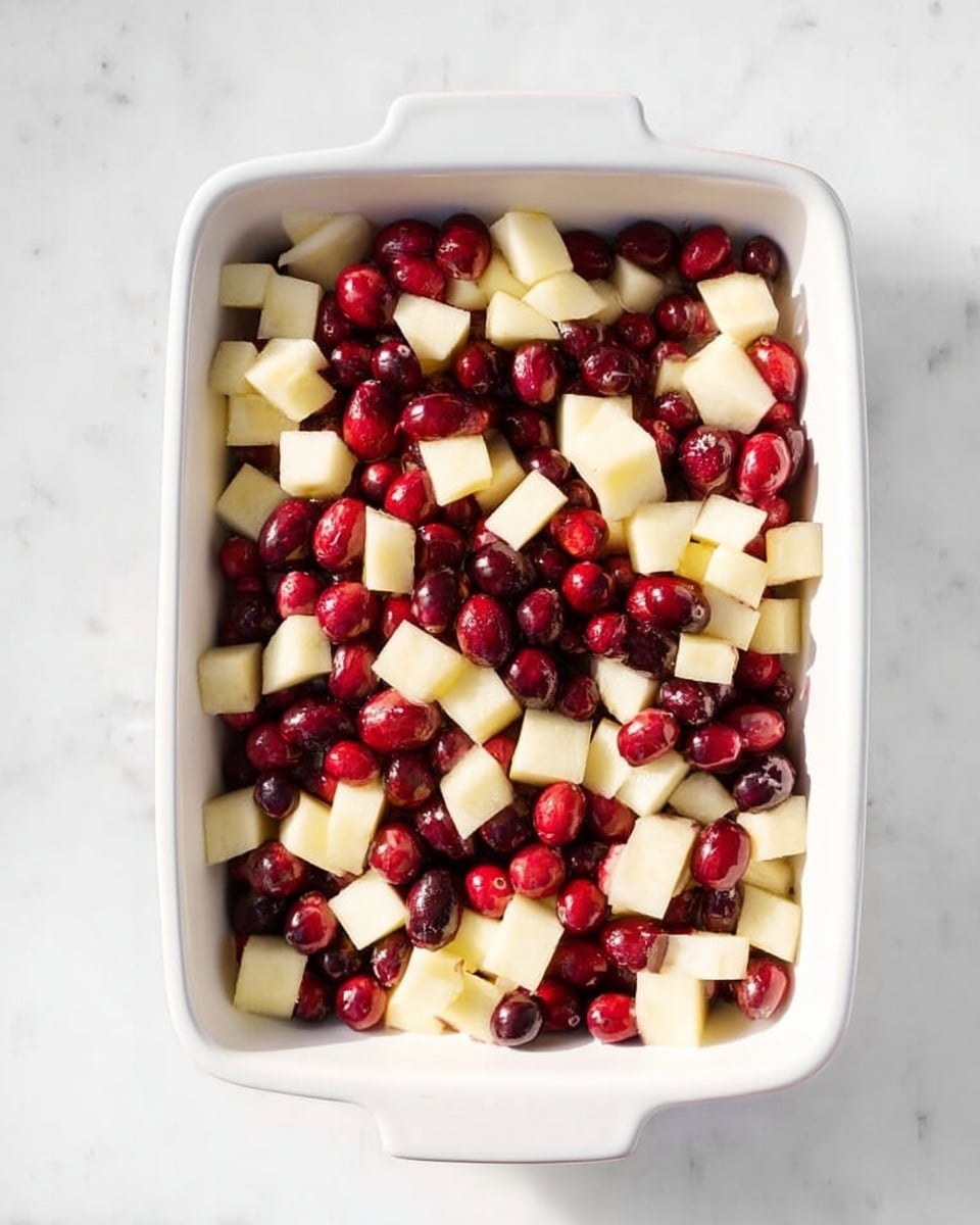 The image shows a white rectangular dish filled with two layers. The bottom layer consists of small, round, dark red cranberries evenly spread across the dish. On top of the cranberries, there is a layer of small, uneven cubes of pale yellow apples scattered all over. The dish sits on a white marbled surface, and the lighting highlights the fresh and raw textures of the fruit. photo taken with an iphone --ar 4:5 --v 7