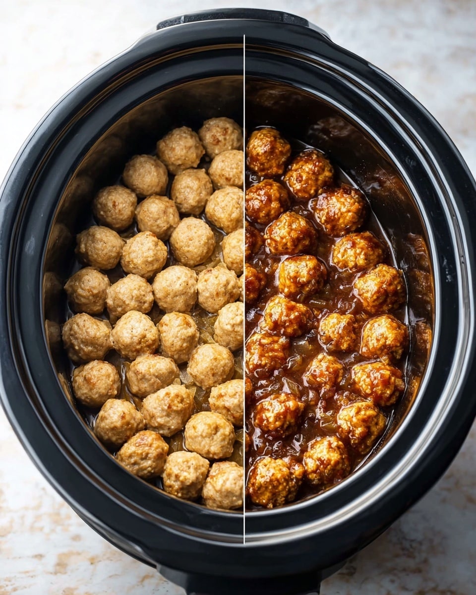 The image shows three stages of a dish made with meatballs in a black slow cooker, placed on a white marbled surface. The first stage has a single layer of browned meatballs covered with shredded cheese and breadcrumbs, all arranged inside the slow cooker. The second stage shows the same meatballs now partially covered with a reddish sauce mixed with the shredded cheese and breadcrumbs, filling the slow cooker about halfway. The third stage displays the slow cooker filled with a thick layer of melted, creamy white cheese topping browned meatballs submerged slightly in sauce, garnished with small green herb pieces. Photo taken with an iphone --ar 4:5 --v 7