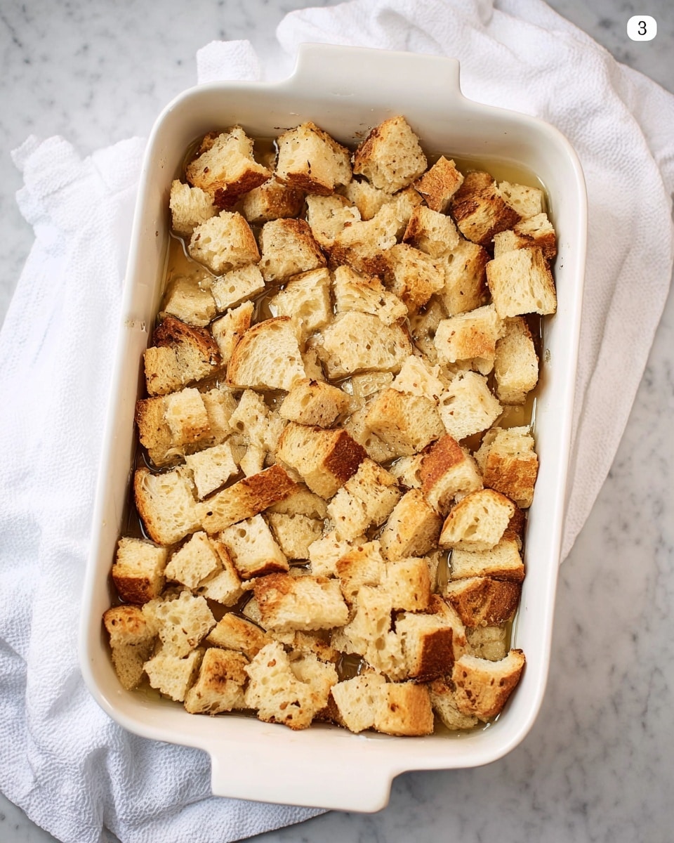 A rectangular white baking dish filled with a single layer of irregular bread pieces soaked in liquid. The bread pieces are light golden brown, with some slightly darker toasted edges, showing a soft, porous texture. The dish sits on a white marbled surface with a white cloth nearby. Photo taken with an iphone --ar 4:5 --v 7