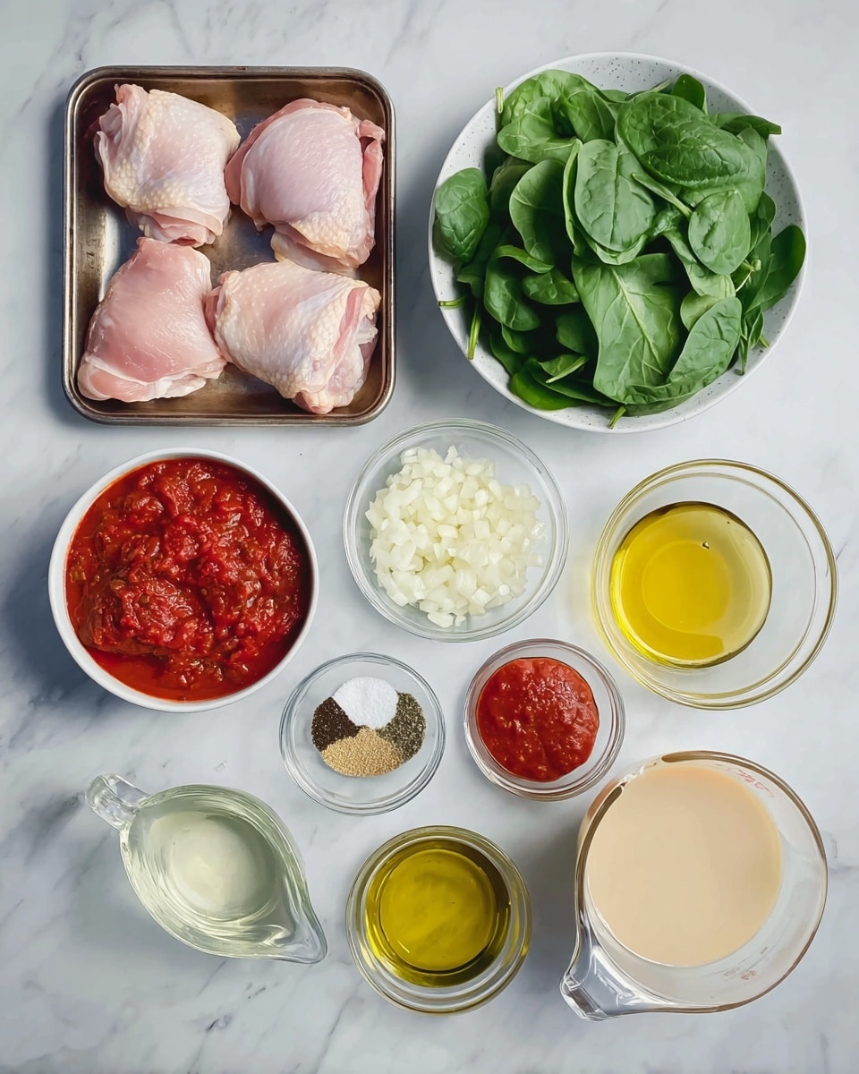 The image shows several ingredients arranged neatly on a white marbled surface. In the top left, a silver tray holds six raw chicken thighs with a smooth pinkish color. To the right of the tray, a white bowl filled with bright green fresh spinach leaves sits. Below the spinach bowl is a white bowl with rich red crushed tomatoes. Moving left, there's a small clear bowl with chopped white onions, next to it a tiny bowl with minced garlic, and nearby a small bowl of bright yellow olive oil. Below the olive oil is a larger clear bowl containing a clear liquid labeled white wine. On the lower left, there is a tiny bowl with red tomato paste, and next to it another small bowl with a mix of salt, black pepper, and green oregano. On the lower right side, there is a clear measuring cup filled with creamy half & half, and next to it a smaller clear cup with golden chicken broth. All items are placed cleanly and spaced evenly for a clear view. Photo taken with an iphone --ar 4:5 --v 7