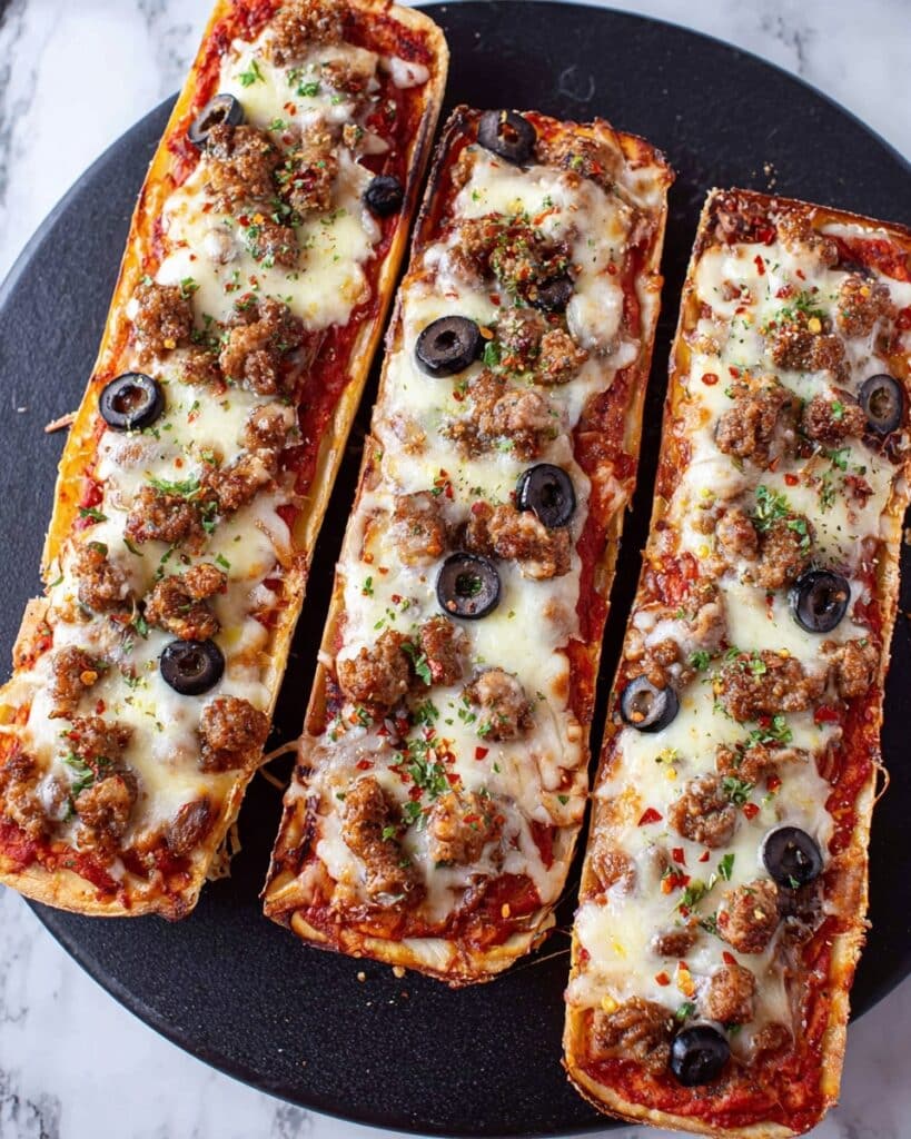 French Bread Pizza with Sausage, Olives, and Onions Recipe