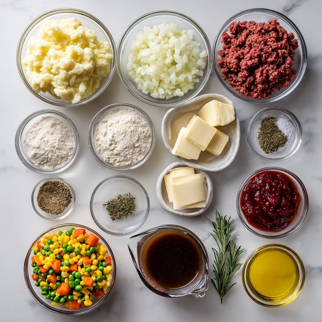 The image shows a white marbled surface with twelve small, clear glass bowls arranged in a neat grid. The top row has mashed white potatoes with a creamy texture to the left and dark red ground beef with a slightly coarse texture to the right. Below, there is a bowl filled with small white chopped onions in the center and to the right is a clear glass measuring cup holding dark brown beef broth. On the left side below the potatoes, a bowl displays colorful mixed vegetables consisting of yellow corn, orange carrots, and green beans. In front of the onions sits a small bowl with two pale yellow slices of butter. Nearby are four smaller bowls: one with white flour that looks powdery, one with finely chopped white garlic, one with rich red tomato paste with a thick texture, and one with golden yellow olive oil that looks smooth and shiny. The lowest row has a small plate with a mix of powdered seasonings including salt, dried green rosemary, dried green thyme, dark red paprika, and black pepper. Next to it is a small bowl of dark brown Worcestershire sauce with a glossy surface. The layout is clean and bright, emphasizing colors and textures. Photo taken with an iphone --ar 4:5 --v 7