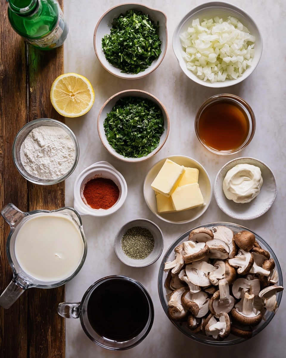 A white pan filled with a thick, creamy yellow sauce mixed with dark and light brown mushroom pieces and green herbs spread evenly on top and throughout. A wooden spoon stands in the pan, partially covered by the sauce. Around the pan are scattered chopped green herbs, small mushroom pieces, and a small white bowl containing a reddish-brown spice, all placed on a white marbled surface. To the lower right, there is a white bowl filled with chopped green herbs. Photo taken with an iphone --ar 4:5 --v 7