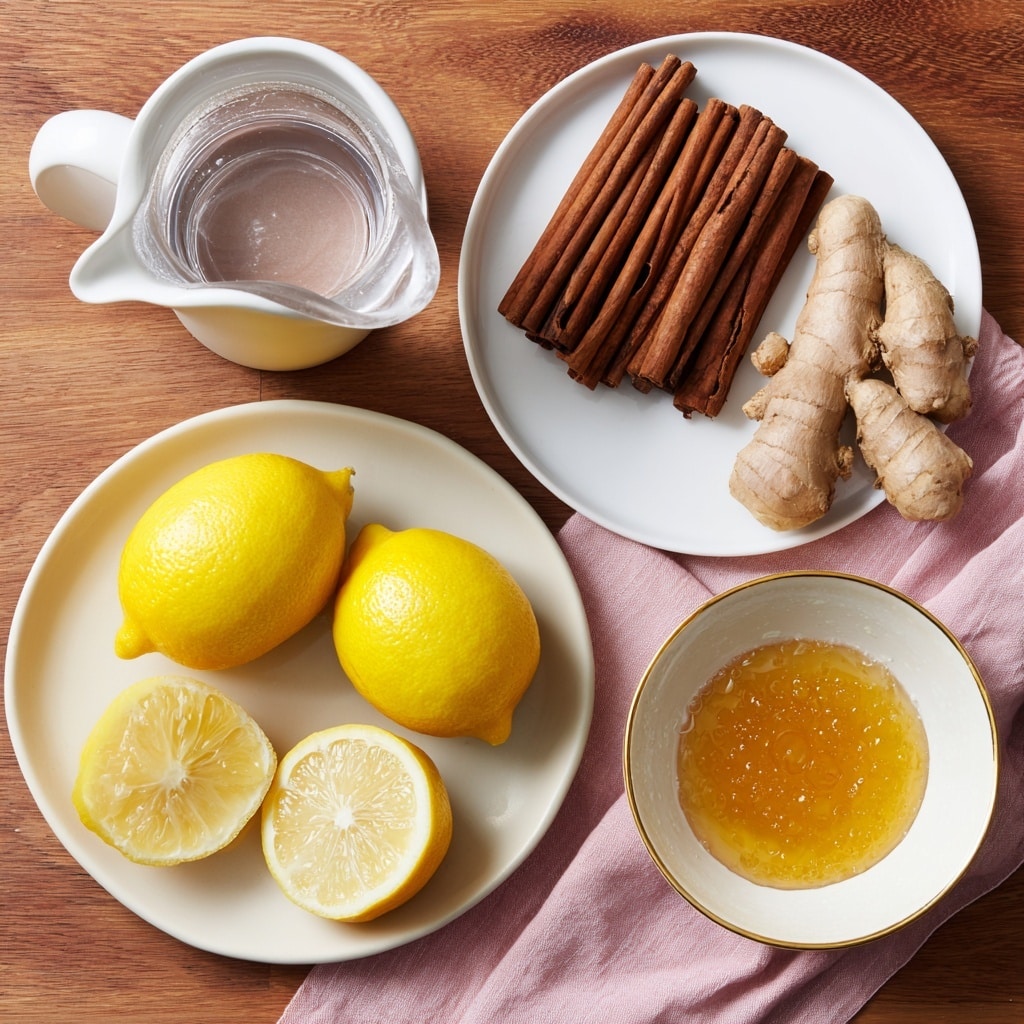 The image shows five white dishes set on a wooden table with labeled ingredients. At the top right, a white plate holds several dark brown cinnamon sticks arranged in neat bundles. To the top left, a white pitcher contains clear water. In the center left, a white round plate holds three whole bright yellow lemons along with one lemon sliced in half revealing its pale yellow inside. To the center right, a white bowl with a gold rim holds golden honey with a slightly thick texture. At the bottom right, a smaller white plate contains fresh light brown ginger roots resting on a soft pink cloth. The background is a wood-textured surface. photo taken with an iphone --ar 4:5 --v 7