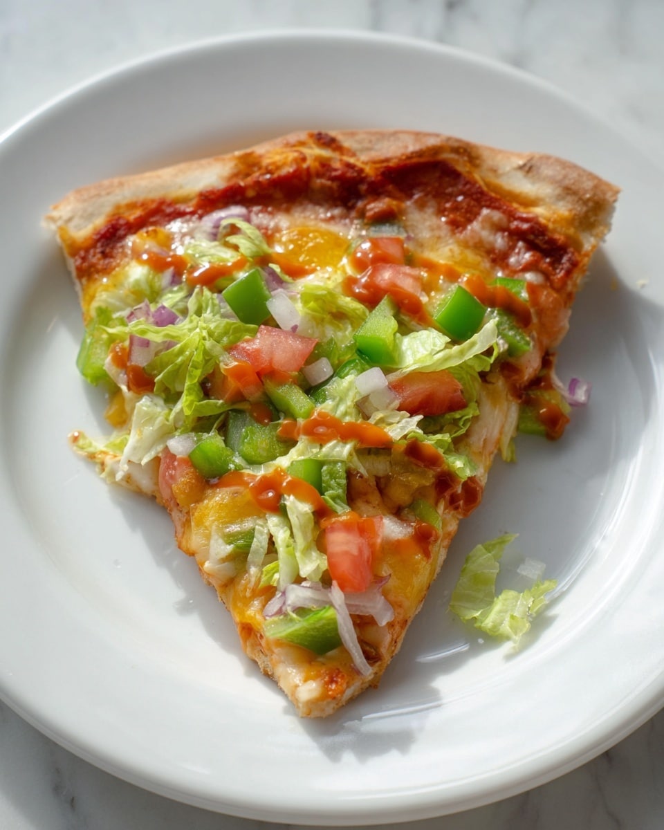 A single slice of pizza sits on a white plate with a thin crust base. The first layer on the crust is a light layer of tomato sauce, followed by melted yellow and white cheese that is slightly browned in spots. On top, there are small chunks of green bell pepper, diced red tomatoes, and thin strips of fresh green lettuce scattered unevenly. A few pieces of red onion slices are visible, along with a drizzle of reddish-orange sauce spread over the toppings. The pizza slice looks fresh with a mix of soft and crunchy textures on a white marbled surface. Photo taken with an iphone --ar 4:5 --v 7