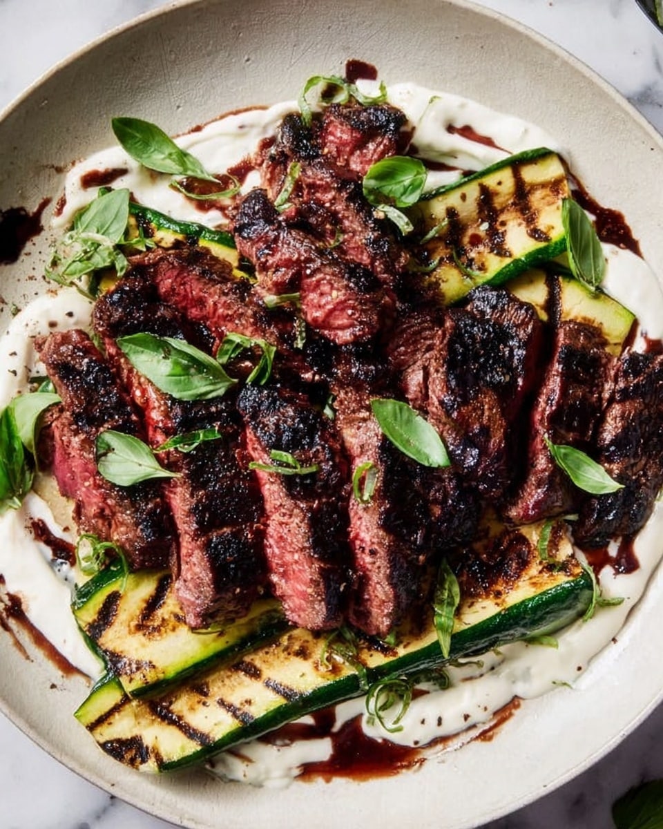 A raw flank steak with a mix of deep red and light pink areas lies flat in the middle of a round white plate, showing some marbling and fat on the edges. Surrounding the plate on a white marbled surface are six small clear bowls and containers holding ingredients: a dark brown liquid labeled balsamic vinegar, a pale yellow mustard-like dollop labeled dijon, a golden yellow olive oil, peeled white garlic cloves, a very dark soy sauce, and a small bowl with a beige mix of pepper and onion powder. Each item is neatly arranged around the steak, creating a clean and organized look. photo taken with an iphone --ar 4:5 --v 7