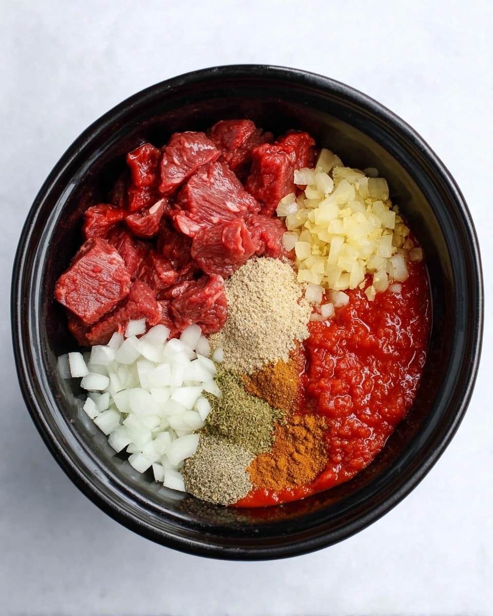 A black oval pot sits on a white marbled surface, filled with six distinct ingredients placed in sections without mixing. At the top left, bright red raw beef pieces rest next to finely chopped pale yellow ginger at the top right. Below the beef to the left, there is a pile of small white diced onions. To the right of the onions, deep red tomato sauce spreads across the bottom right section. In the center, a mix of light brown ground spices and one greenish powdered spice are stacked, creating a layered look with coarse salt sprinkled nearby. photo taken with an iphone --ar 4:5 --v 7