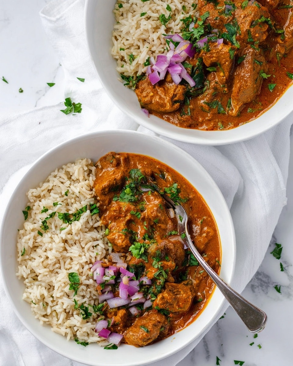 Two white bowls are placed on a white marbled surface with a white cloth underneath. Each bowl is filled halfway with light brown cooked rice on one side and a thick reddish-orange curry with chunks of meat on the other side. The curry is topped with small pieces of purple onion and chopped green herbs, adding fresh color. A silver fork rests inside the bottom bowl, positioned in the rice section. Small bits of chopped green herbs are scattered around the bowls on the surface. photo taken with an iphone --ar 4:5 --v 7