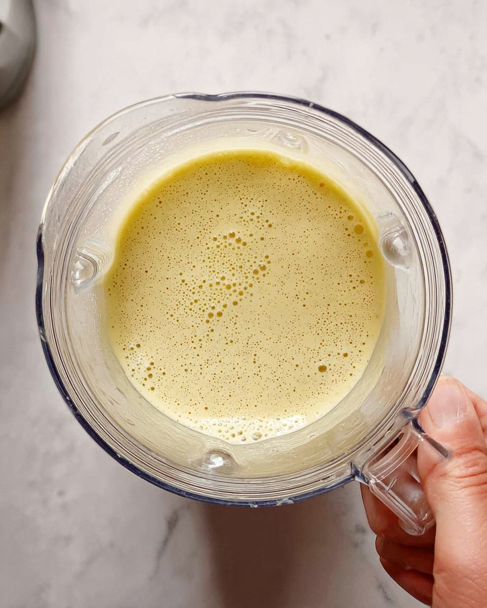 A clear blender container filled with a light yellow, creamy mixture with small bubbles on its surface. The mixture's texture appears smooth and slightly thick. A woman's hand is holding the blender on the right side, and the scene is set on a white marbled surface. The image is taken from above, focusing inside the blender container. photo taken with an iphone --ar 4:5 --v 7