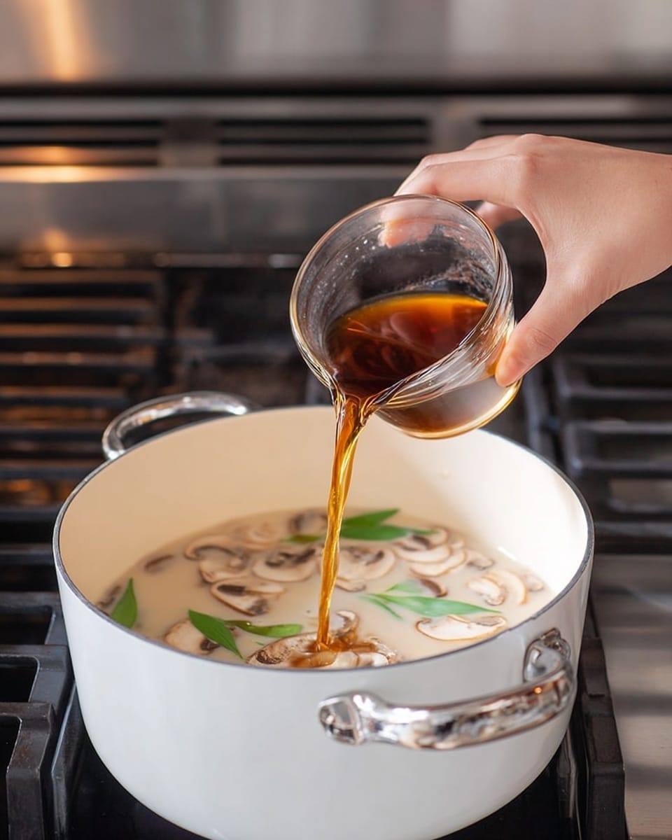 A woman's hand is pouring a dark brown liquid from a small clear glass bowl into a white pot on a stove. Inside the pot, there is a light creamy broth with visible layers of sliced mushrooms and green leaves floating on top. The pot has a shiny silver handle and sits on a black metal stove burner, with parts of the stove visible in the background. Photo taken with an iphone --ar 4:5 --v 7