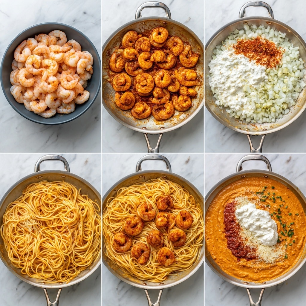 The image shows six steps of making shrimp pasta on a white marbled surface. Step 1 has raw shrimp in a dark bowl with some red seasoning sprinkled on top. Step 2 shows cooked shrimp in a silver pan, browned and spread evenly. Step 3 shows the silver pan again with white chopped onions, a heap of white cream, and red sauce placed on one side. Step 4 shows the pan with the sauce mixed well, having a smooth orange color covering the bottom. Step 5 has cooked spaghetti added on top of the orange sauce evenly spread in the pan. Step 6 shows the finished dish with shrimp placed neatly over the spaghetti and sauce, garnished with small green pieces. Photo taken with an iphone --ar 4:5 --v 7